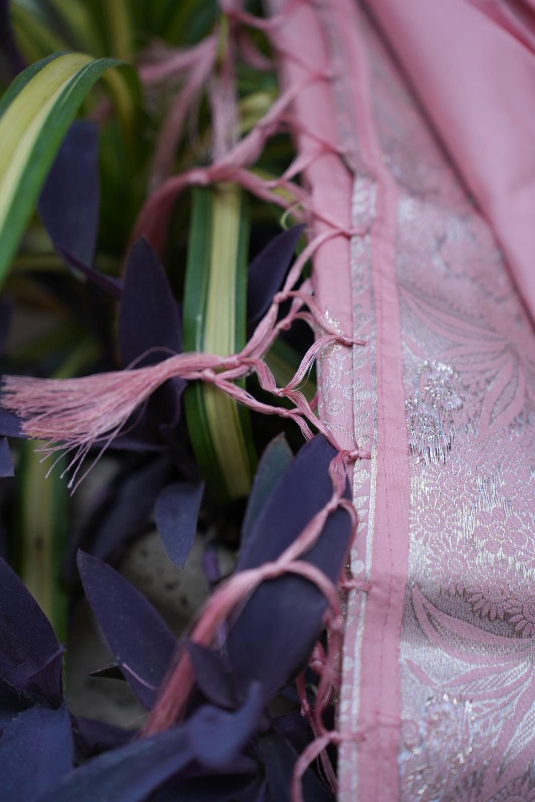 Beautiful Peach pink Banarasi With Silver Zari Border & Tassel On Pallu Ready To Wear Saree