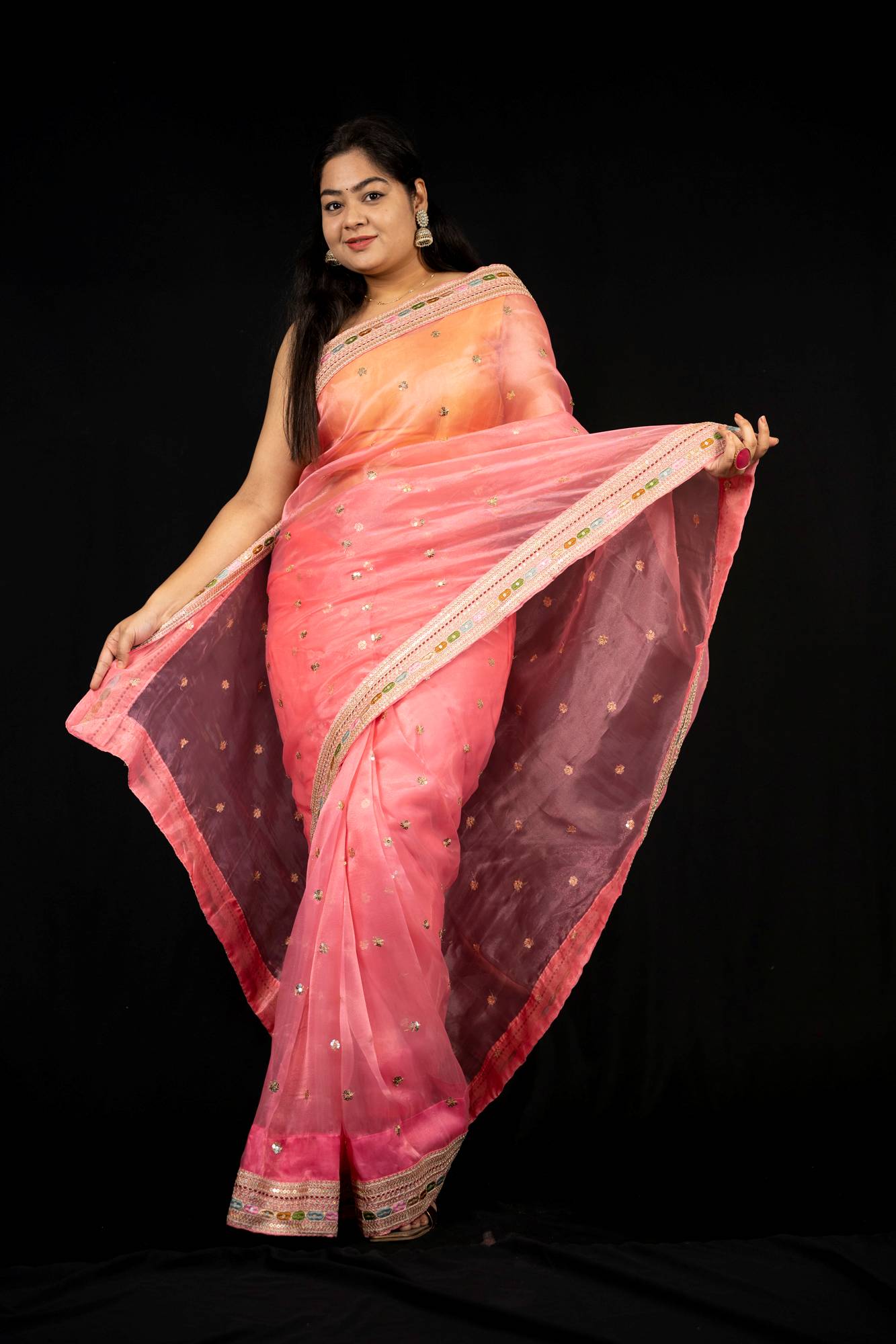 Rose Pink Tissue Silk with Intricate Mirror Embellished Border Ready To Wear Saree