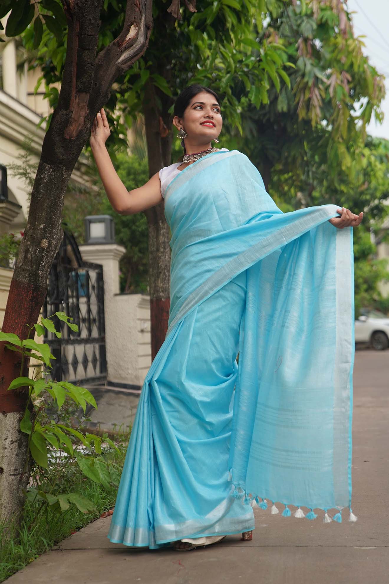 Buy Traditional Wear Sky Blue Weaving Cotton Saree Online From Surat  Wholesale Shop.