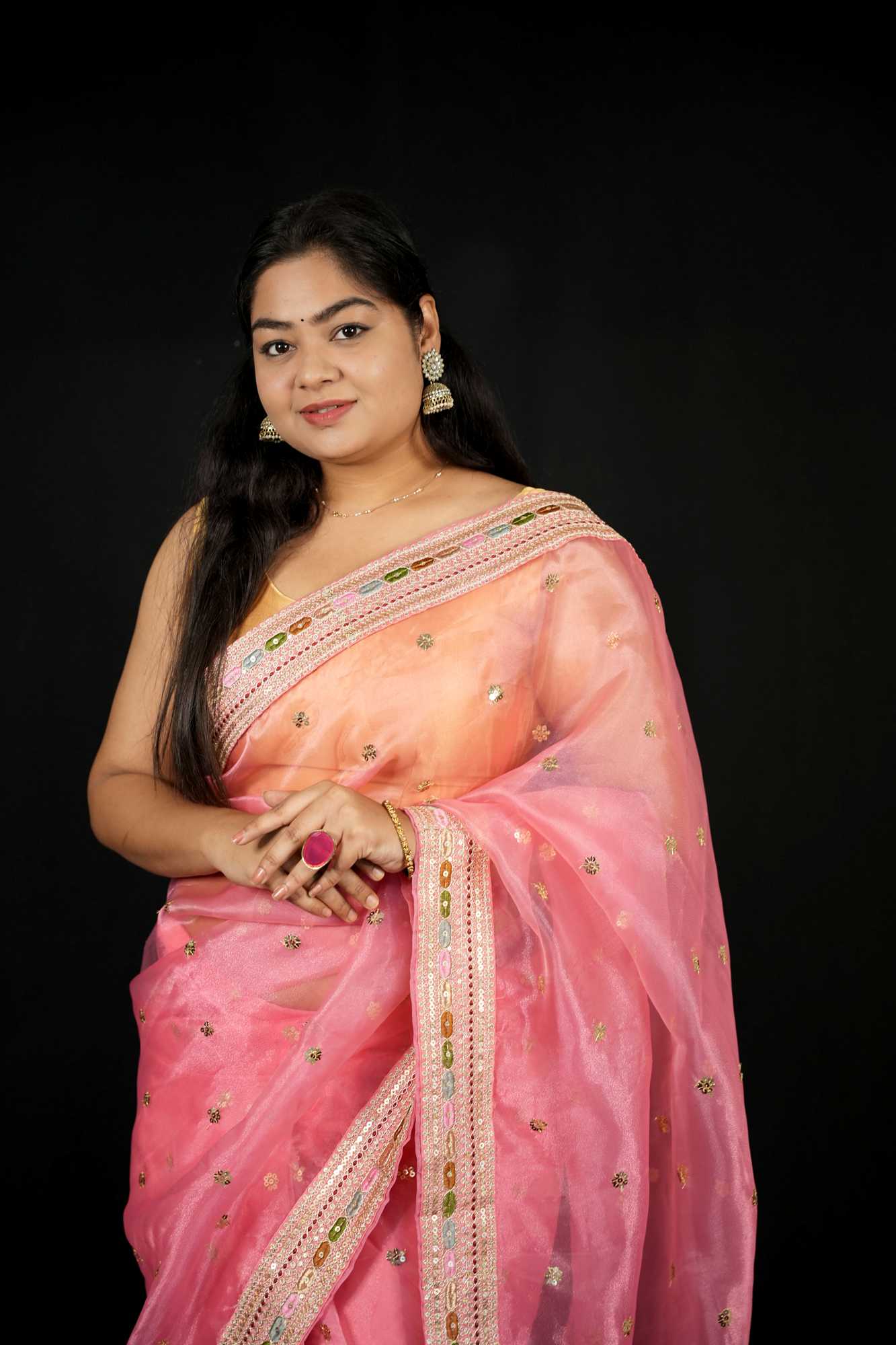 Rose Pink Tissue Silk with Intricate Mirror Embellished Border Ready To Wear Saree