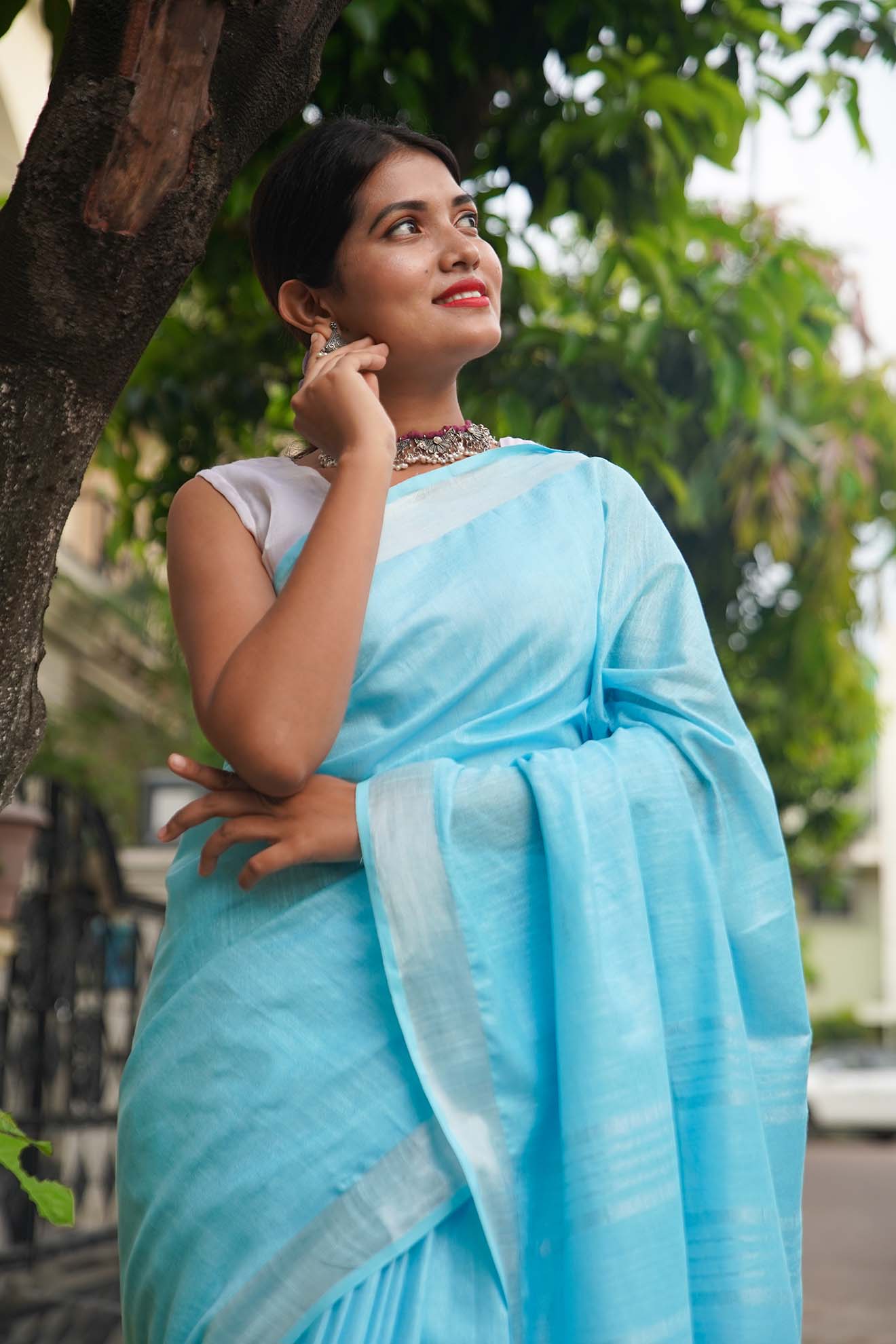 Light Blue Kota Doria Saree |Buy Sanganeri Kota Doria Saree Online