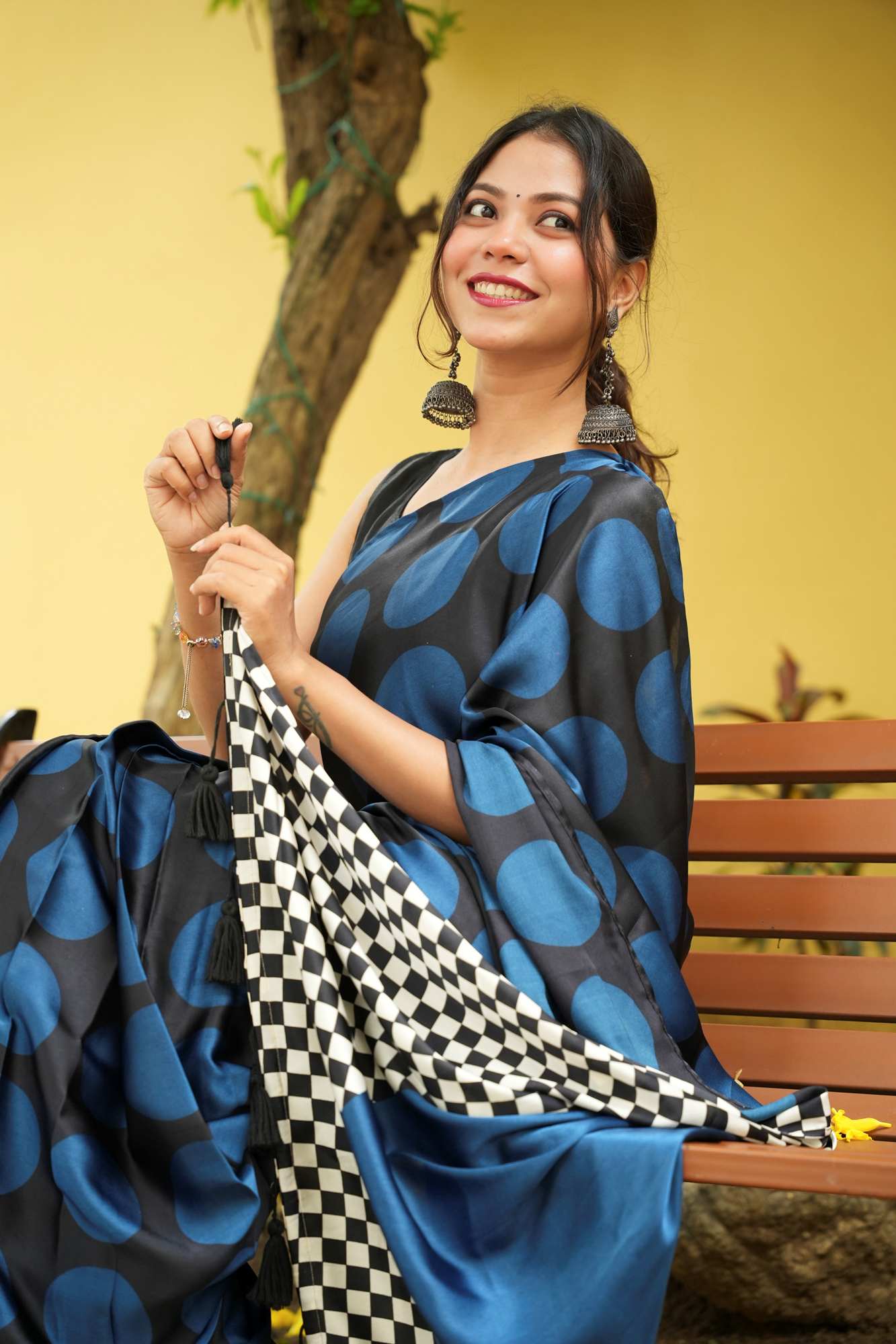 Black and Teal Crepe Silk with Polka and Geometric Pallu Ready To Wear Saree