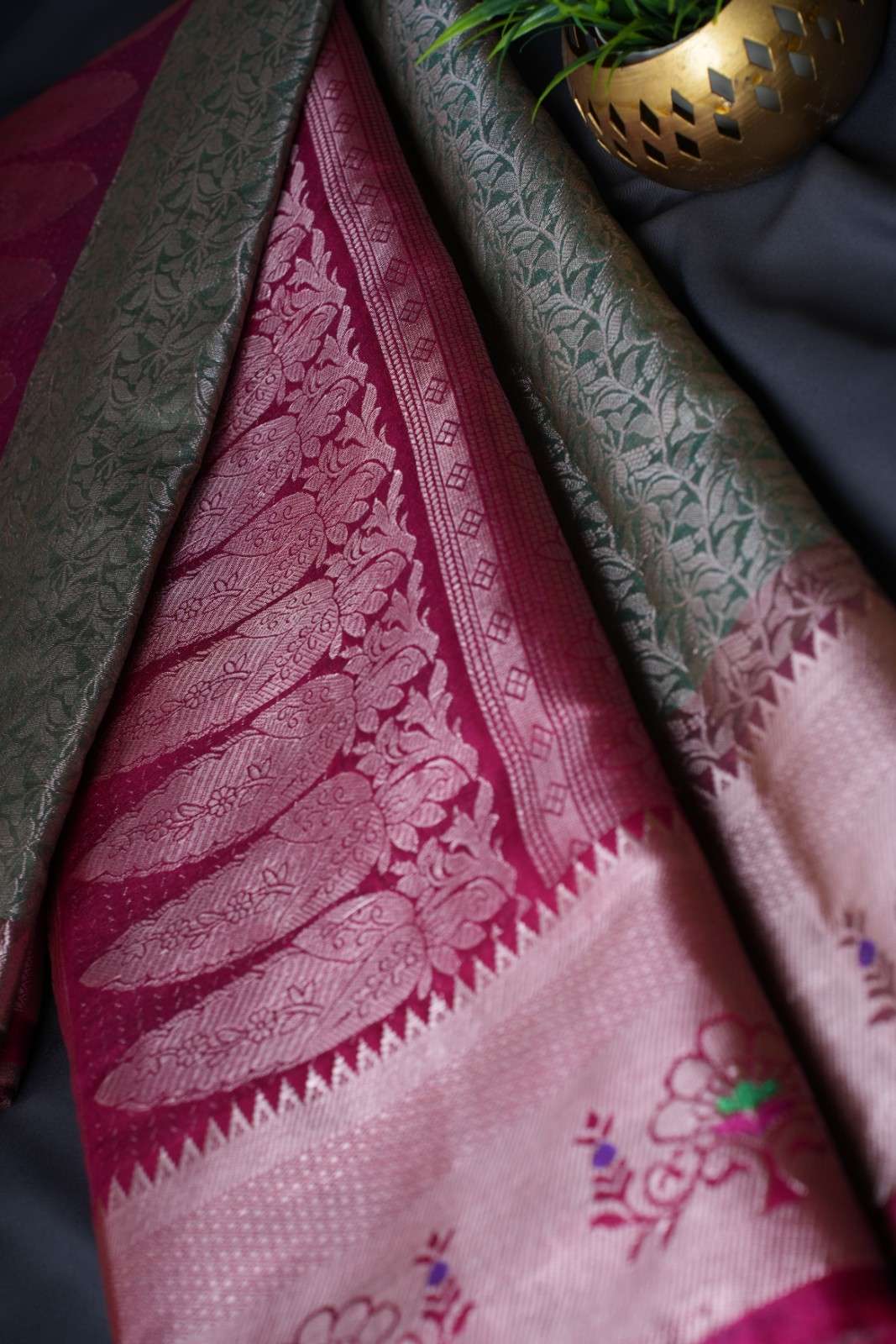 Grey With Pink Contrast Overall Brocade Jaal weave With Ornate Palla Ready To Wear Saree