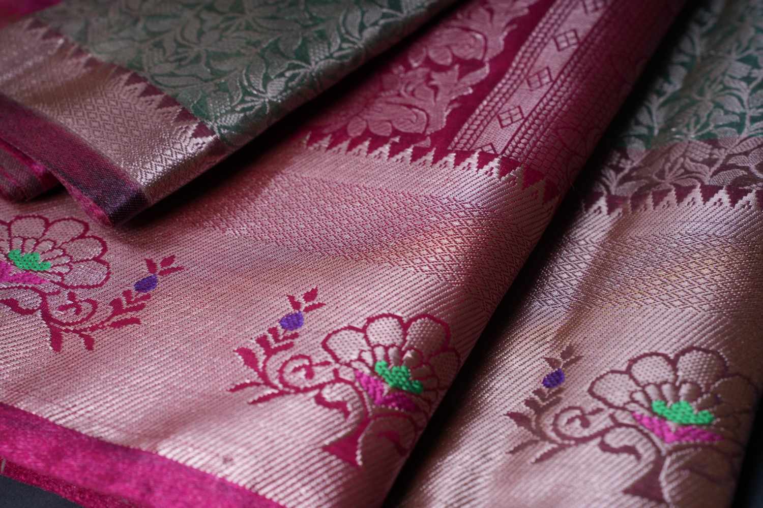 Grey With Pink Contrast Overall Brocade Jaal weave With Ornate Palla Ready To Wear Saree