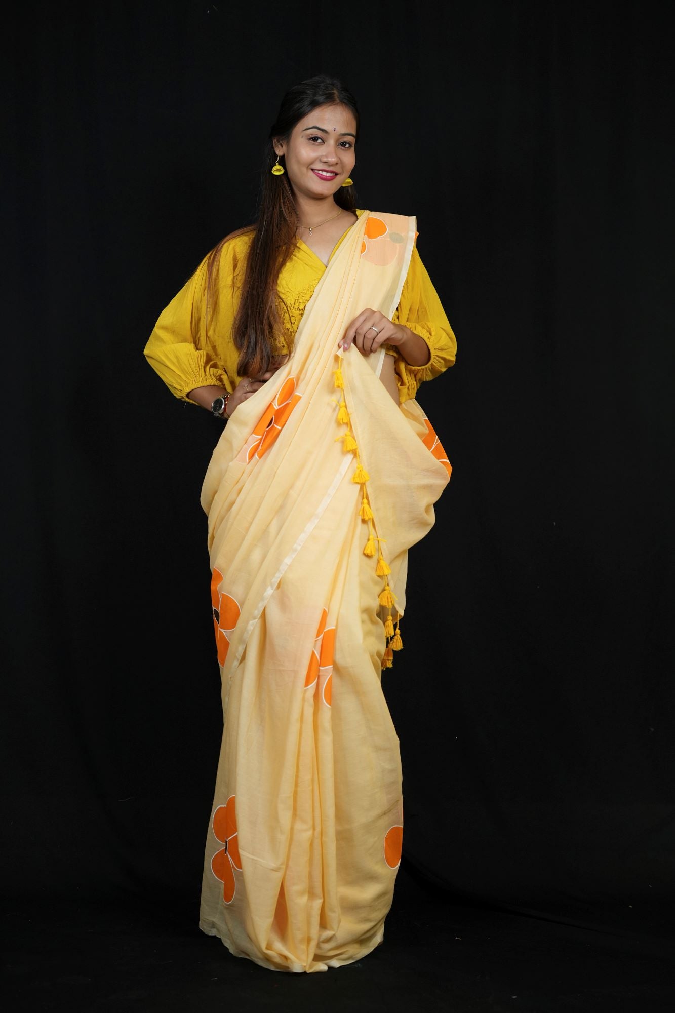 Handpainted Mulmul Cotton with Floral Prints Ready To Wear Saree