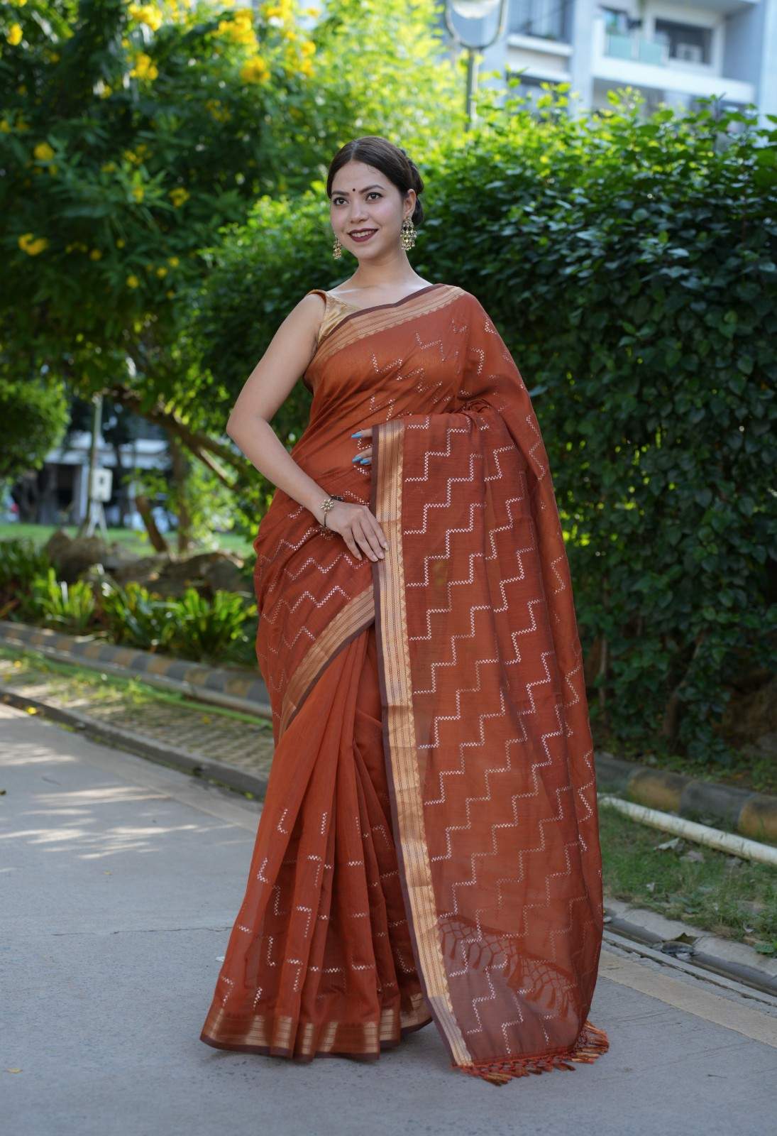 Beautiful Brown Cotton With Sequin Embellished in Geometrical Shape Overall Ready To Wear Saree