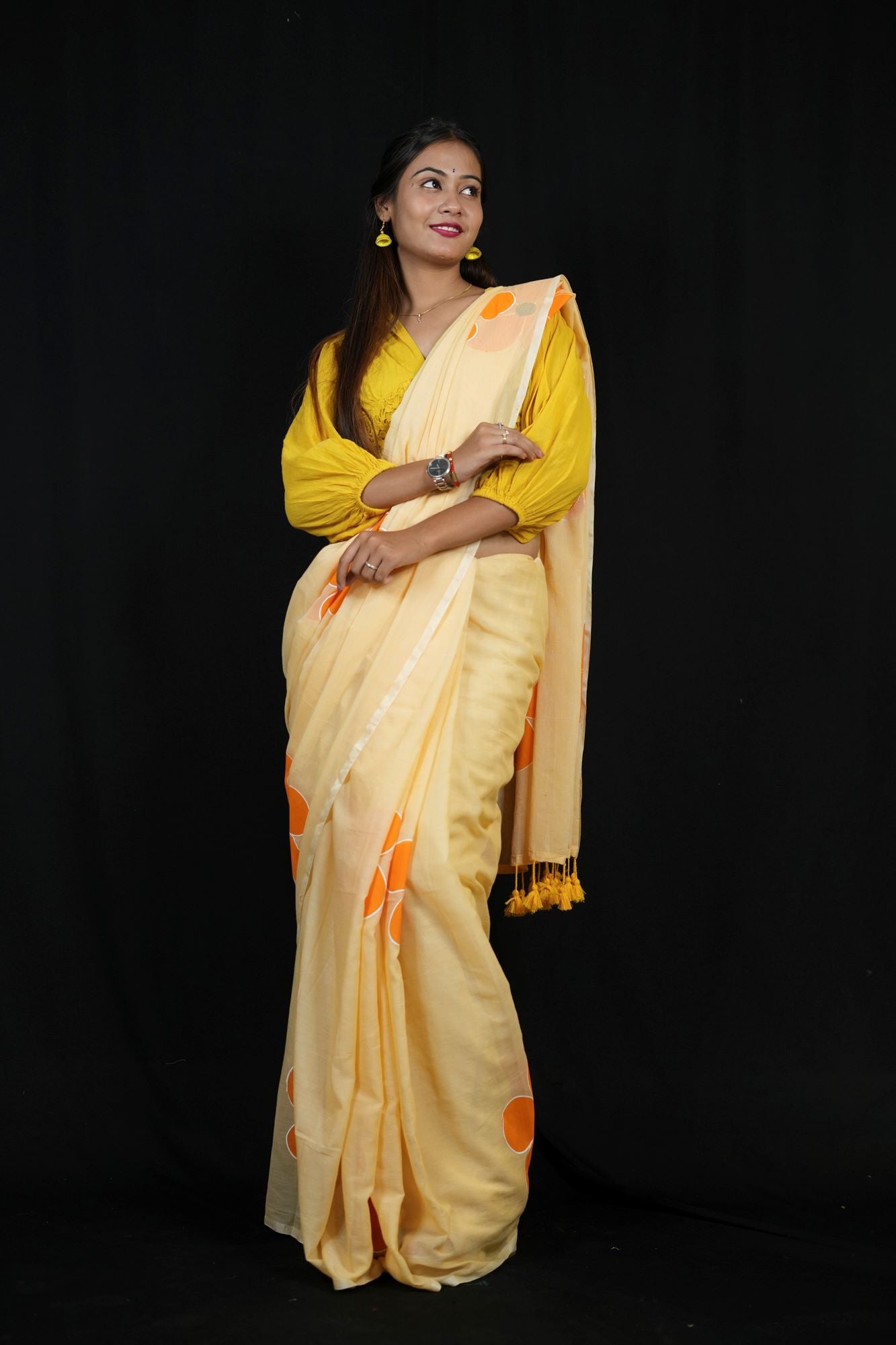 Handpainted Mulmul Cotton with Floral Prints Ready To Wear Saree