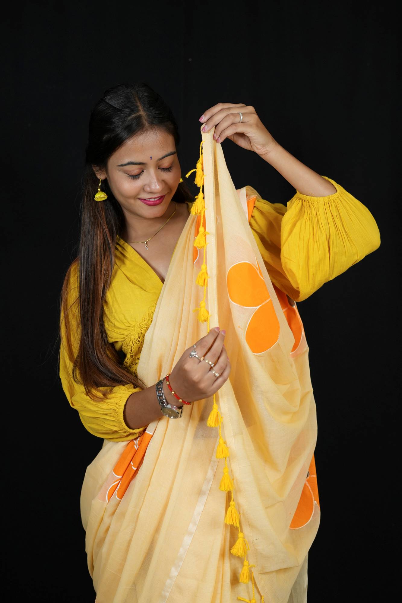 Handpainted Mulmul Cotton with Floral Prints Ready To Wear Saree