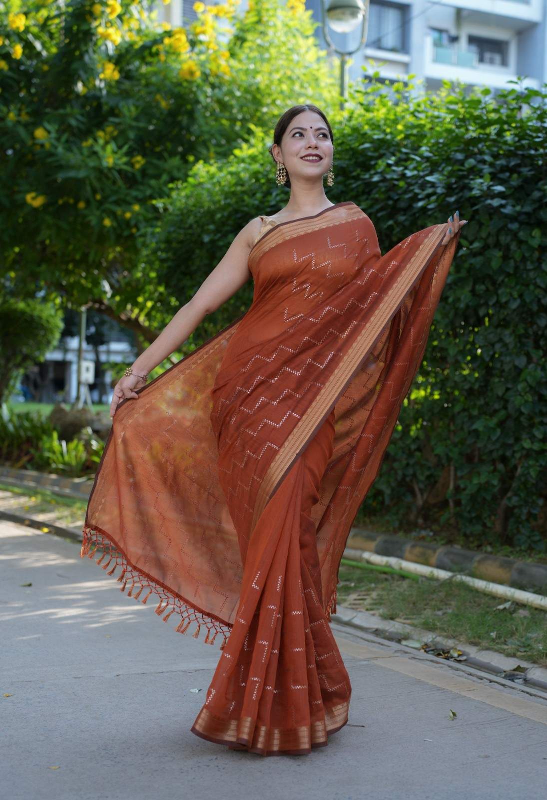 Beautiful Brown Cotton With Sequin Embellished in Geometrical Shape Overall Ready To Wear Saree