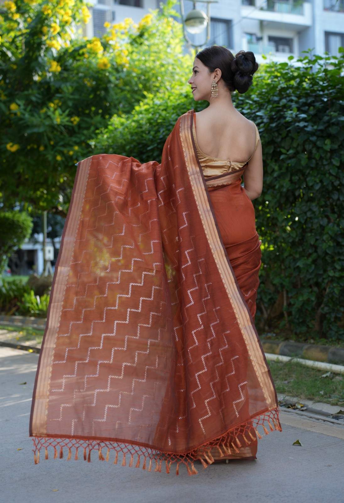 Beautiful Brown Cotton With Sequin Embellished in Geometrical Shape Overall Ready To Wear Saree