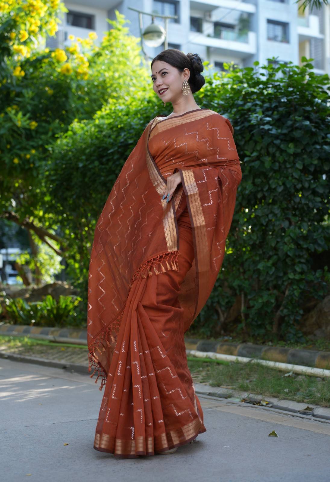 Beautiful Brown Cotton With Sequin Embellished in Geometrical Shape Overall Ready To Wear Saree