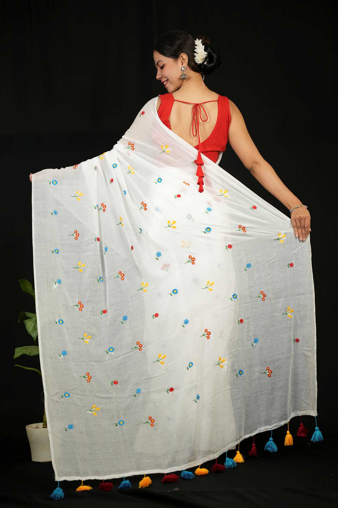 White Mulmul Cotton with Floral Embroidery & Tassels Ready To Wear Saree