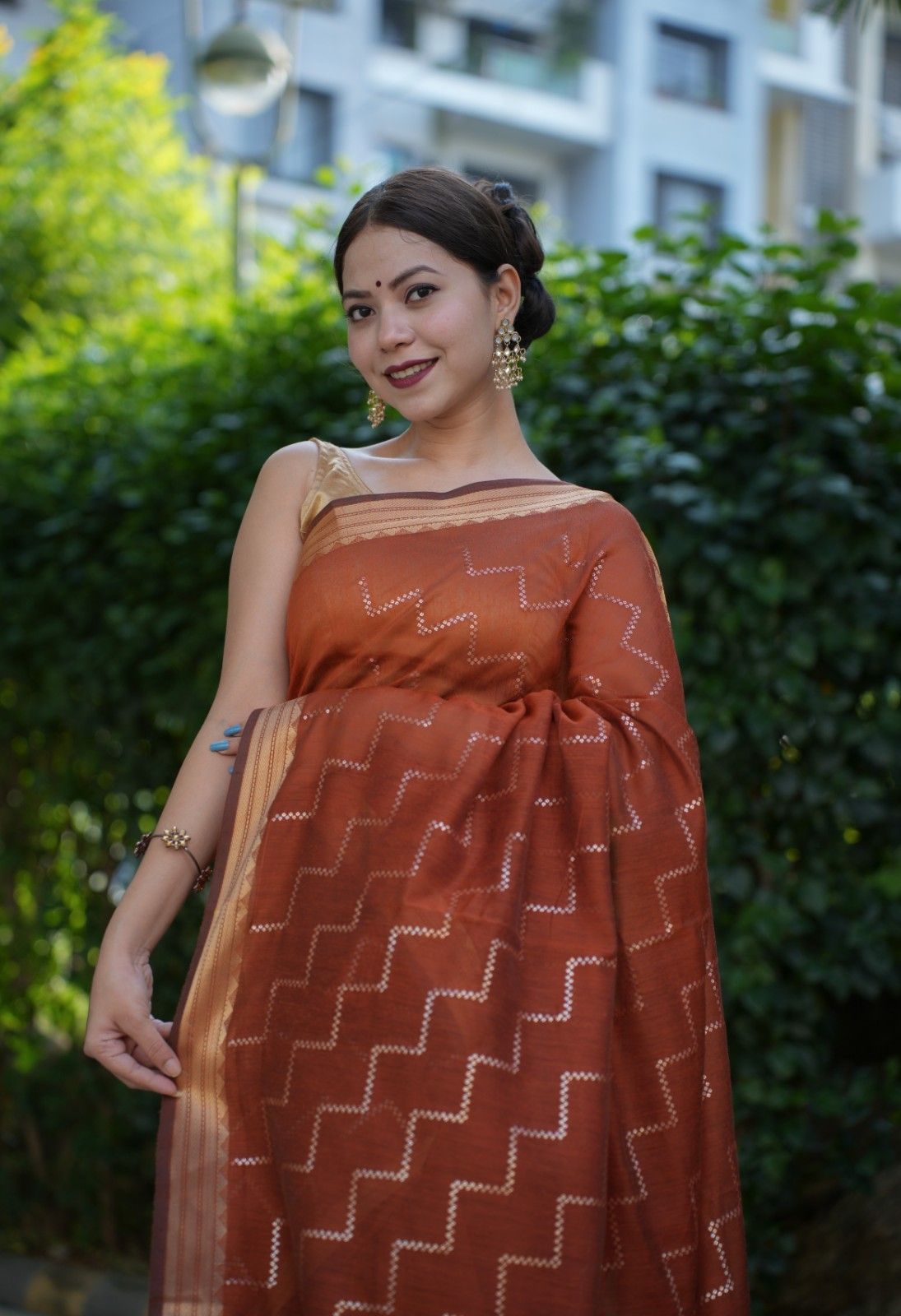 Beautiful Brown Cotton With Sequin Embellished in Geometrical Shape Overall Ready To Wear Saree