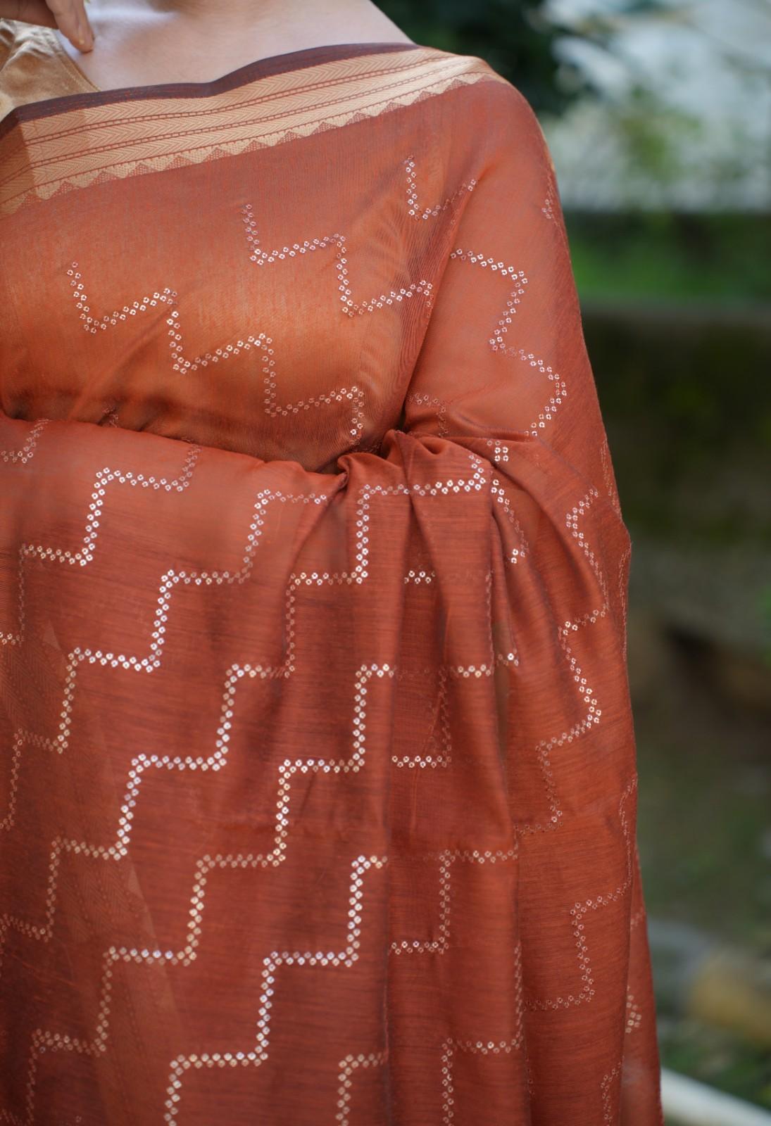 Beautiful Brown Cotton With Sequin Embellished in Geometrical Shape Overall Ready To Wear Saree