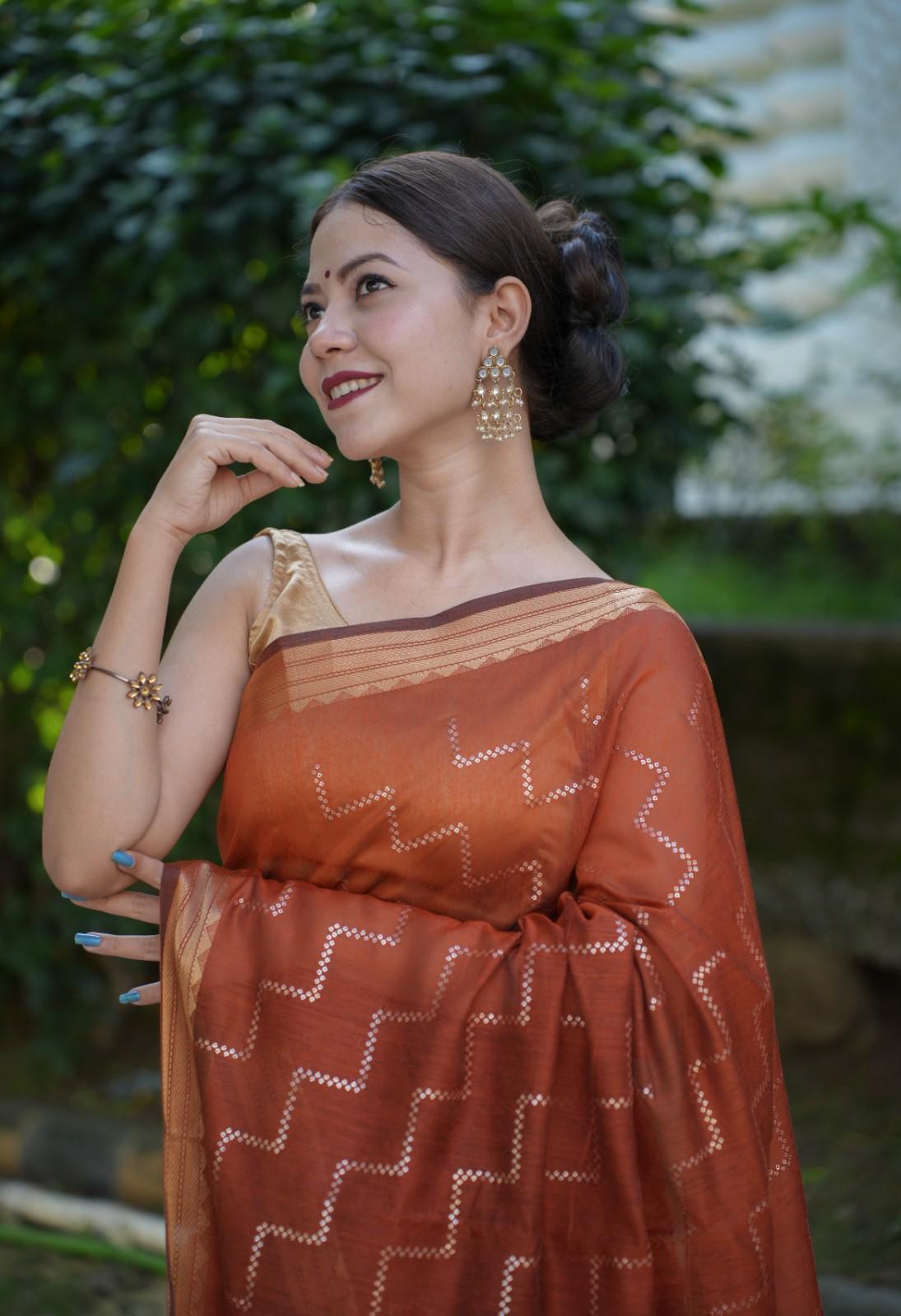 Beautiful Brown Cotton With Sequin Embellished in Geometrical Shape Overall Ready To Wear Saree