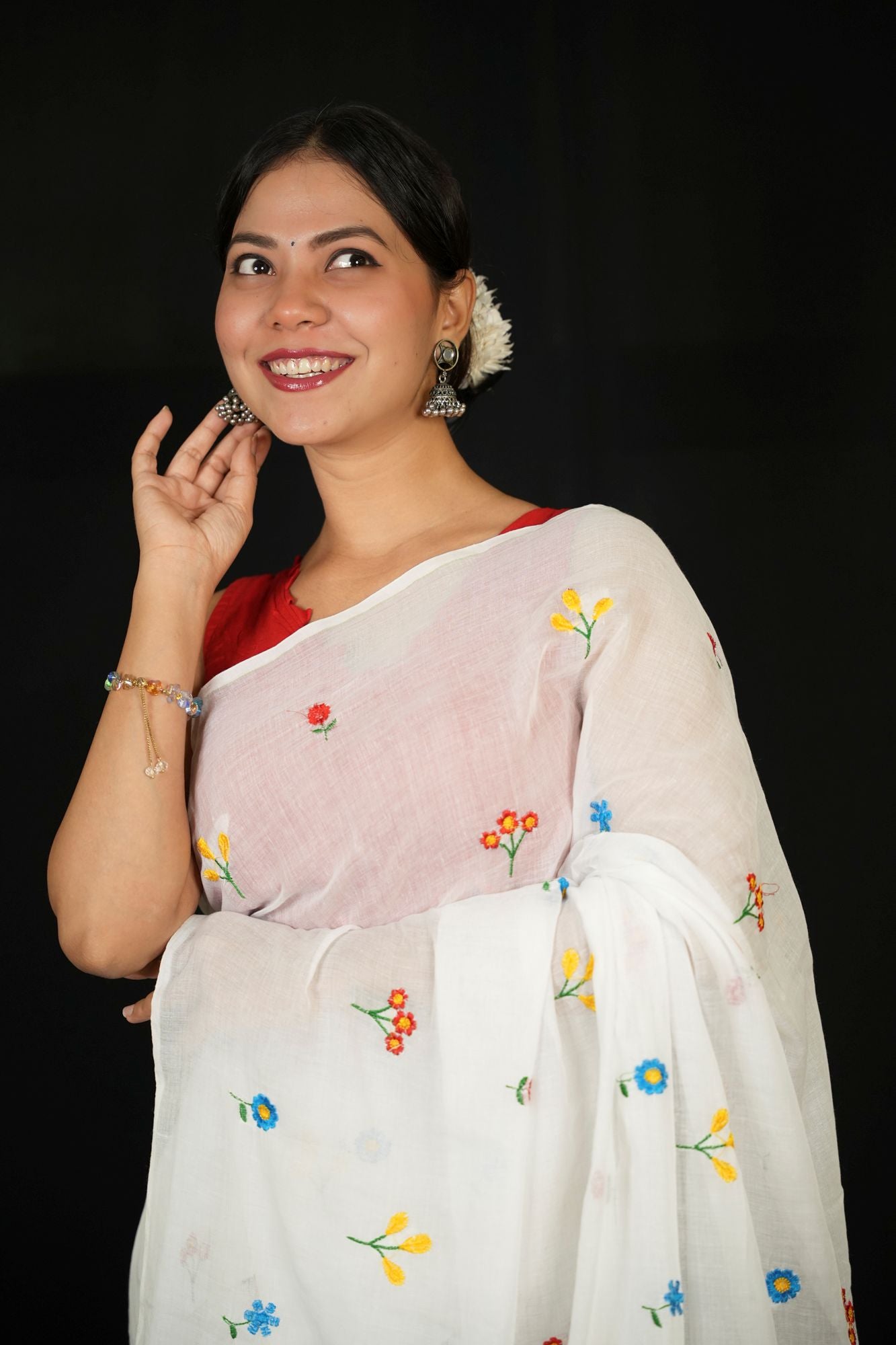 White Mulmul Cotton with Floral Embroidery & Tassels Ready To Wear Saree