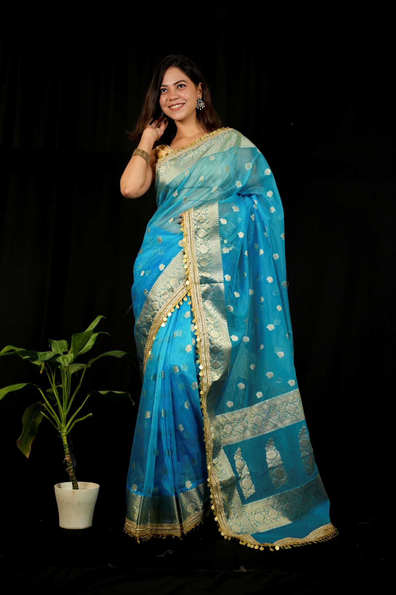 Maharani Tissue Silk With Golden Zari Border And Beautiful Tikki Lace Wrap In 1 Minutes Saree