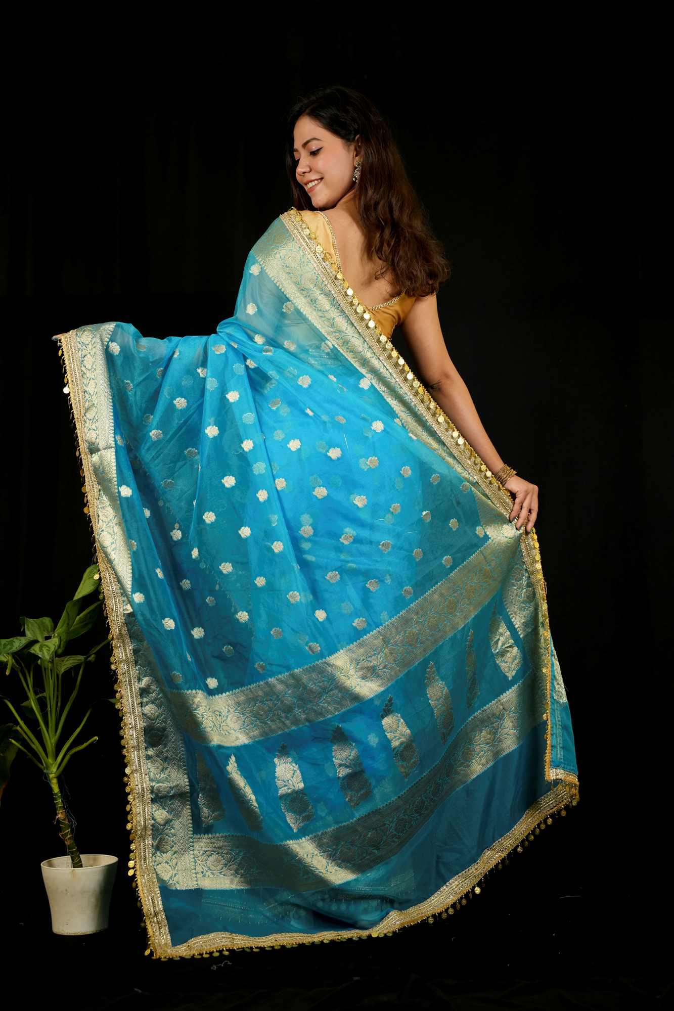 Maharani Tissue Silk With Golden Zari Border And Beautiful Tikki Lace Wrap In 1 Minutes Saree