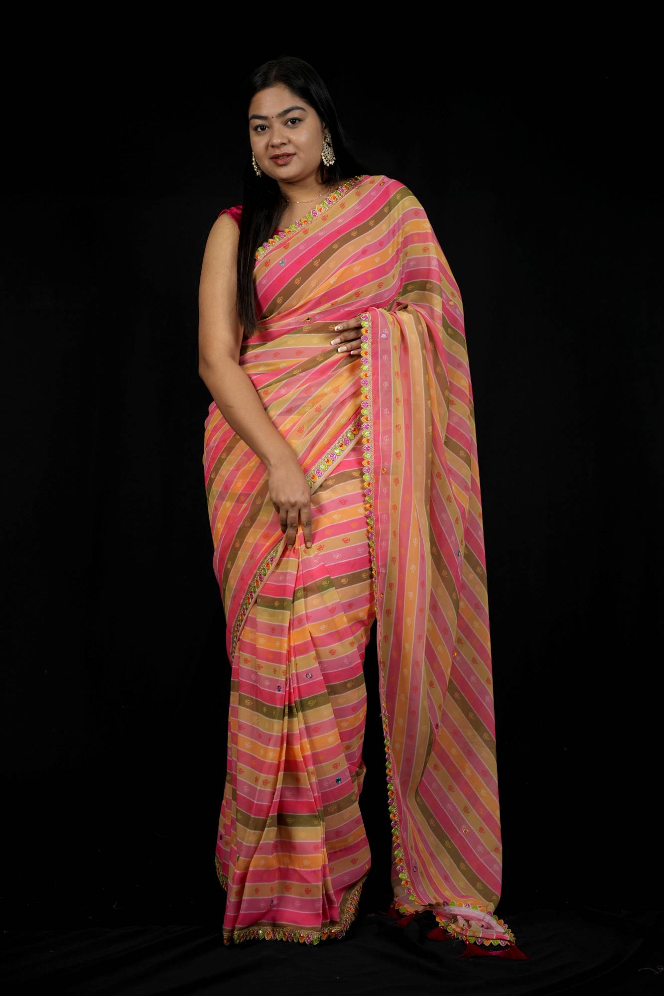 Multicolor Georgette Striped with Gota Patti Work & Tassel Ready To Wear Saree