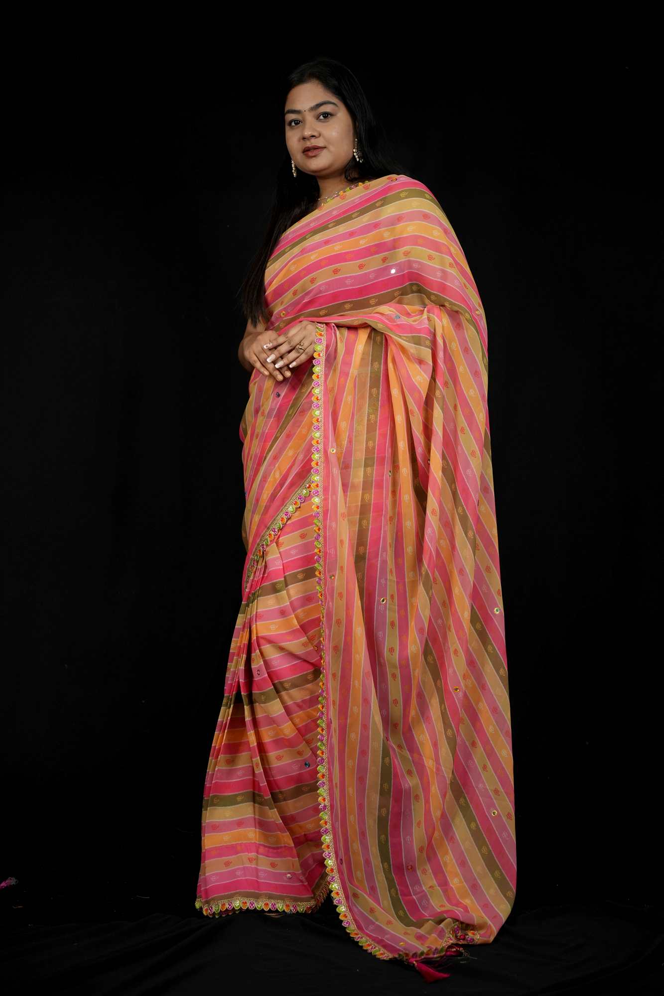 Multicolor Georgette Striped with Gota Patti Work & Tassel Ready To Wear Saree