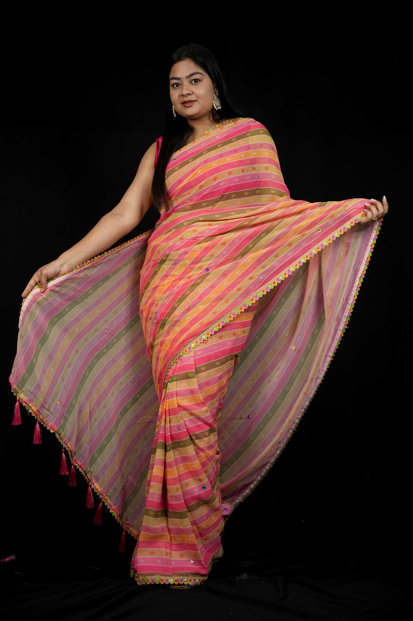Multicolor Georgette Striped with Gota Patti Work & Tassel Ready To Wear Saree