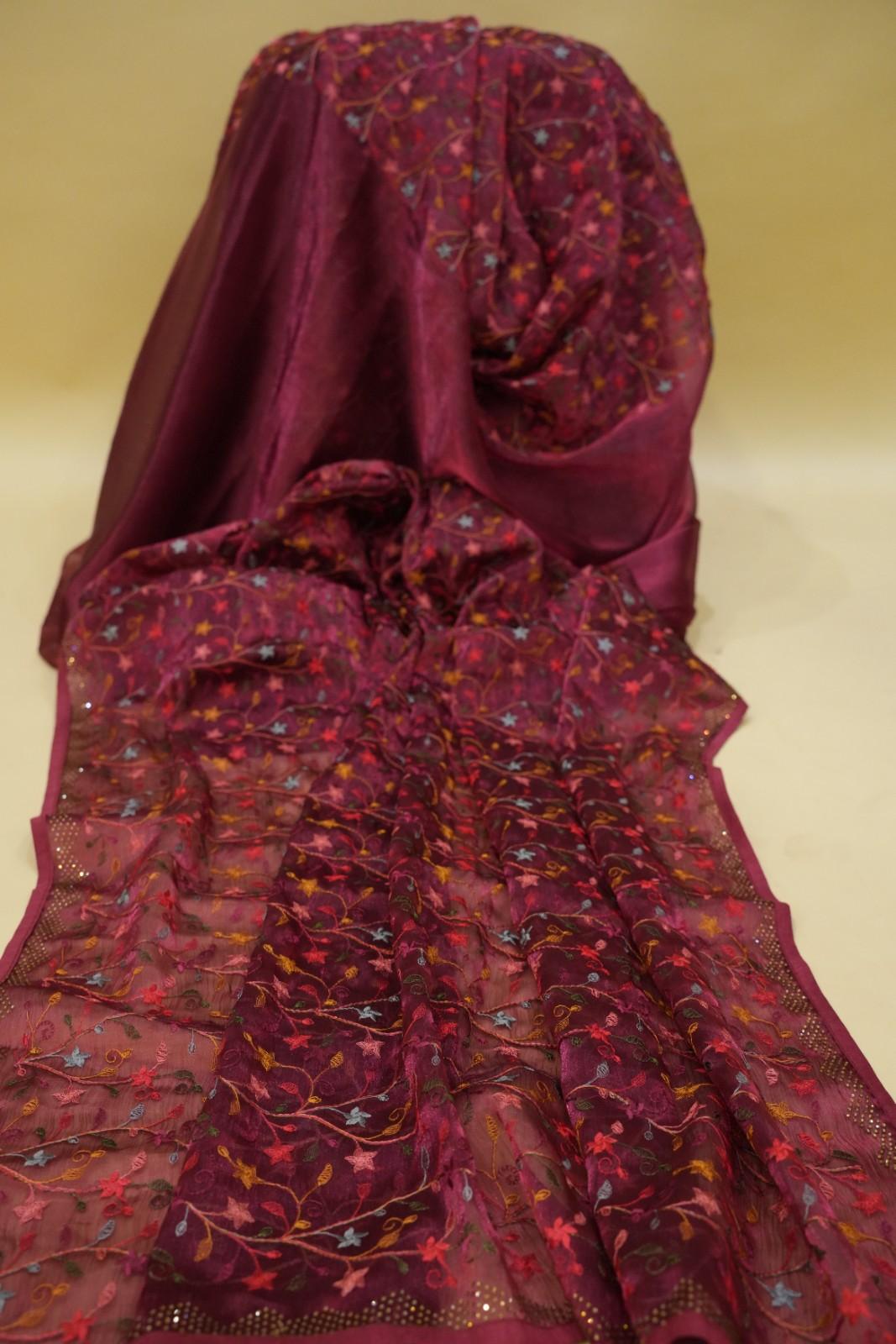 Maroon Soft Organza With Floral Embroidery And Stones Embellished Border Ready To Wear Saree