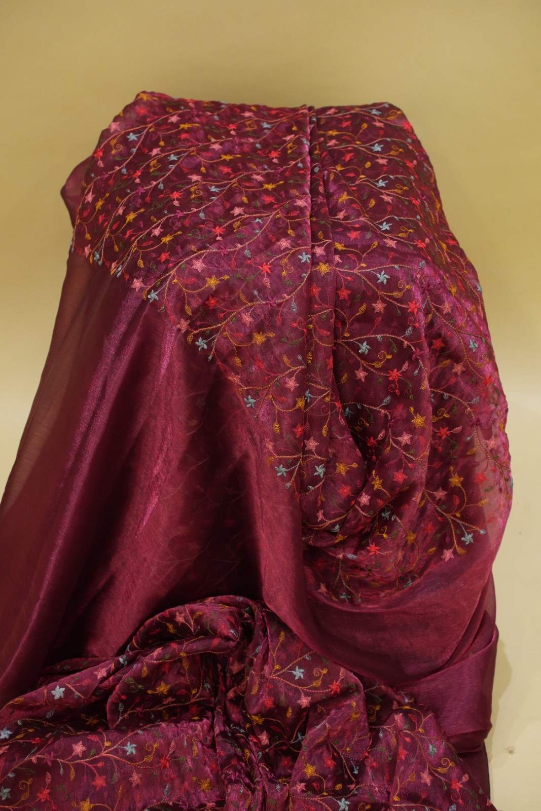 Maroon Soft Organza With Floral Embroidery And Stones Embellished Border Ready To Wear Saree