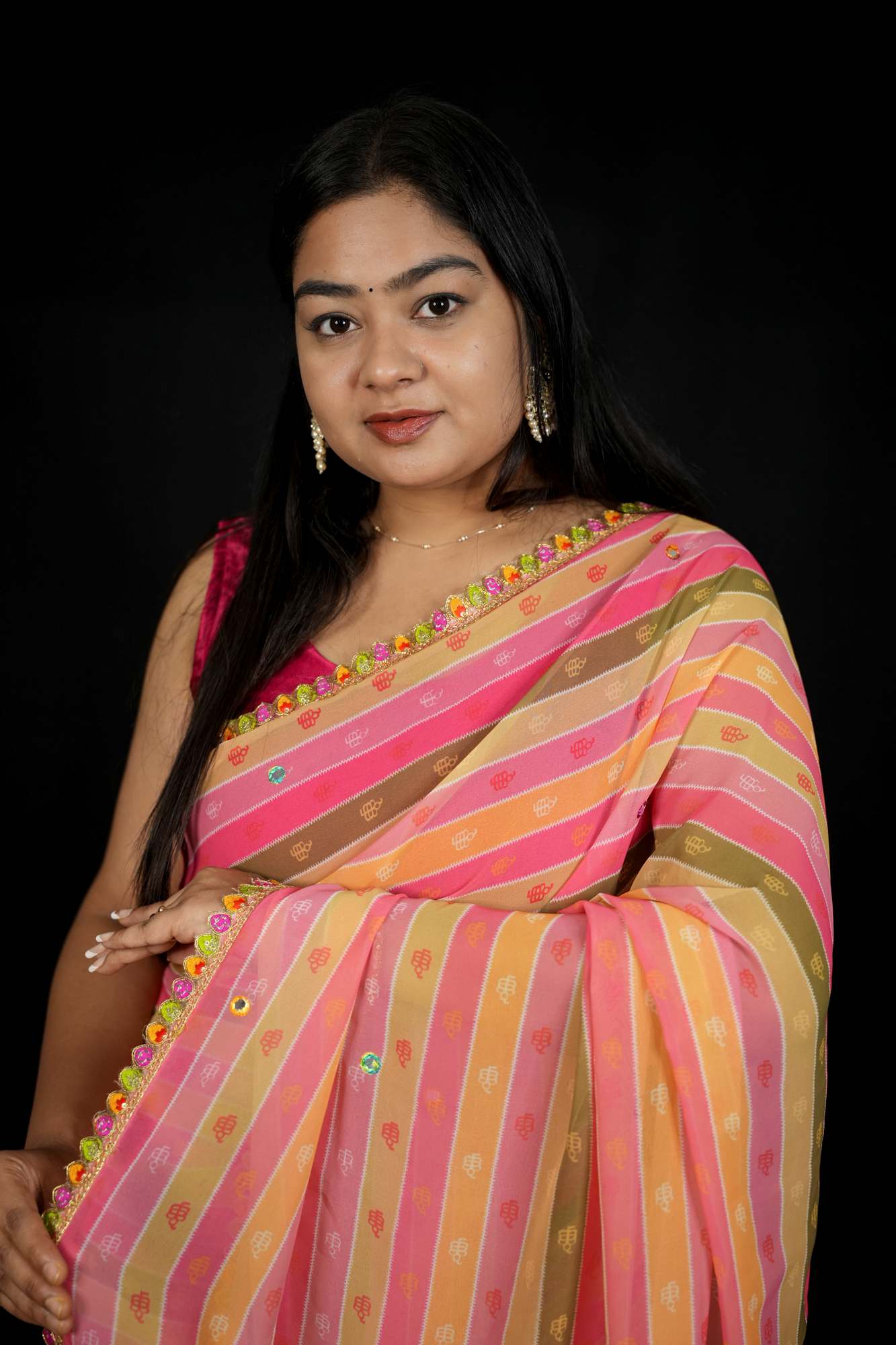 Multicolor Georgette Striped with Gota Patti Work & Tassel Ready To Wear Saree