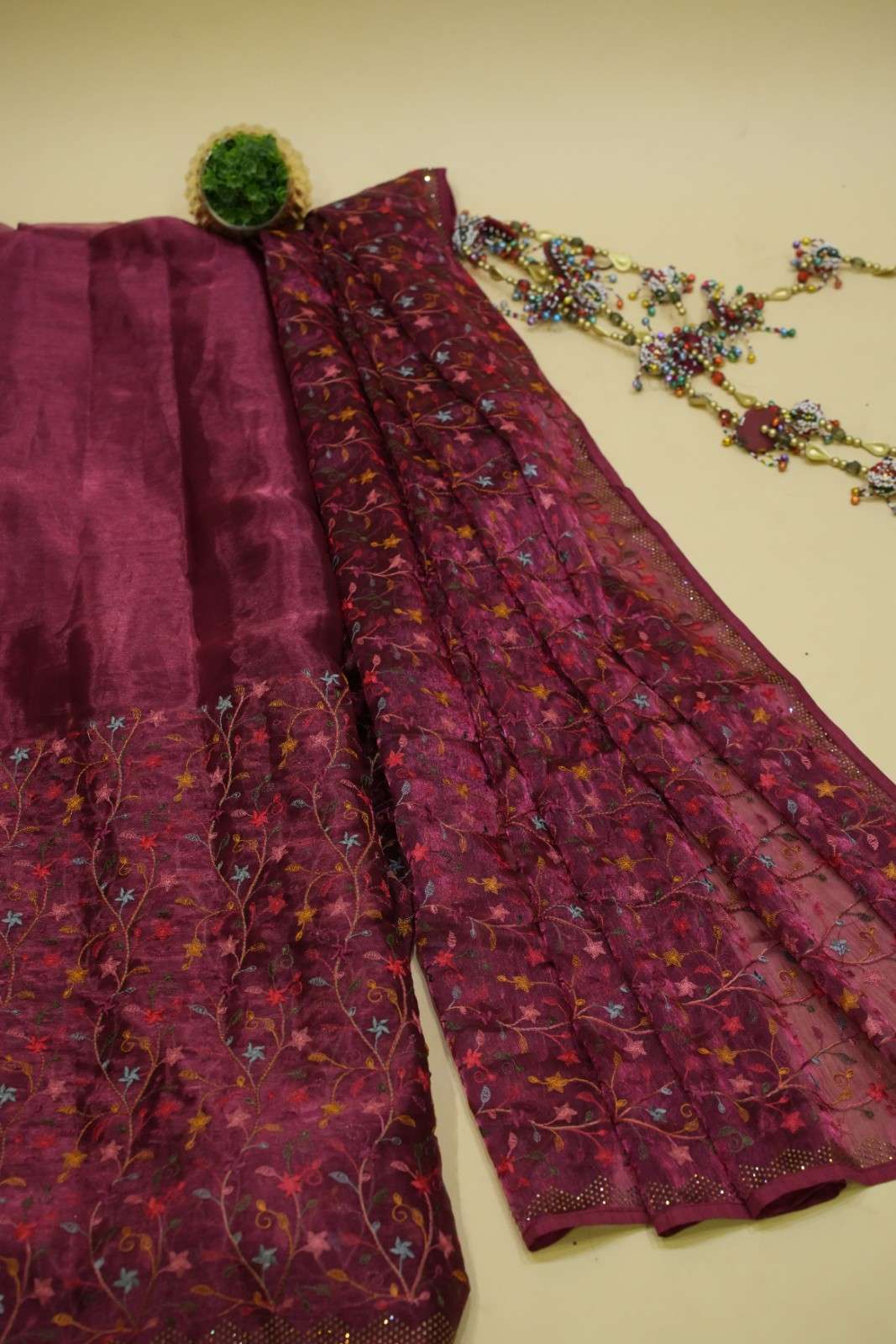 Maroon Soft Organza With Floral Embroidery And Stones Embellished Border Ready To Wear Saree