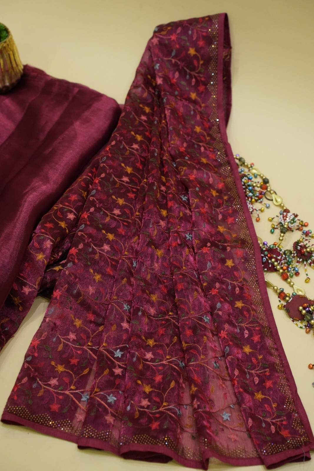 Maroon Soft Organza With Floral Embroidery And Stones Embellished Border Ready To Wear Saree