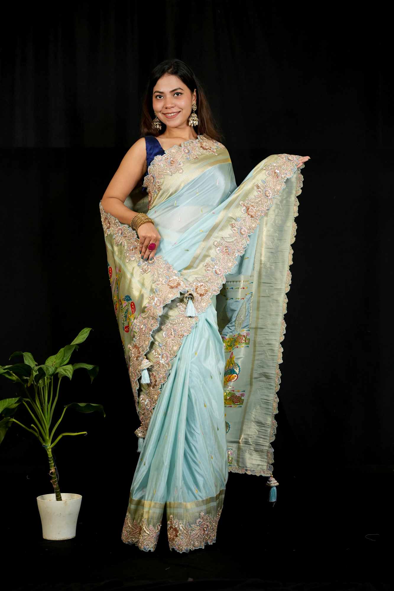 Exquisite Premium Satin Silk with Detail Resham Embroidery & Paithani Pallu Ready To Wear Saree