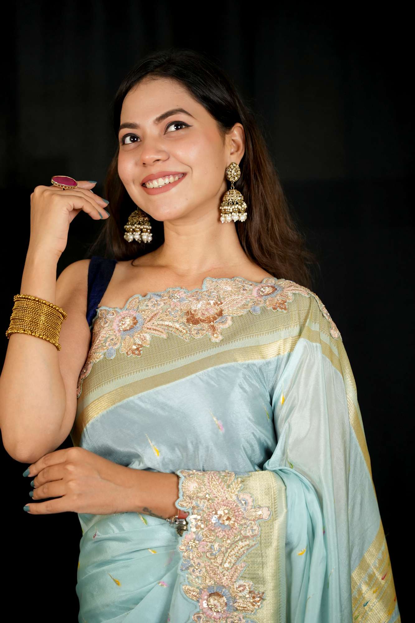 Exquisite Premium Satin Silk with Detail Resham Embroidery & Paithani Pallu Ready To Wear Saree