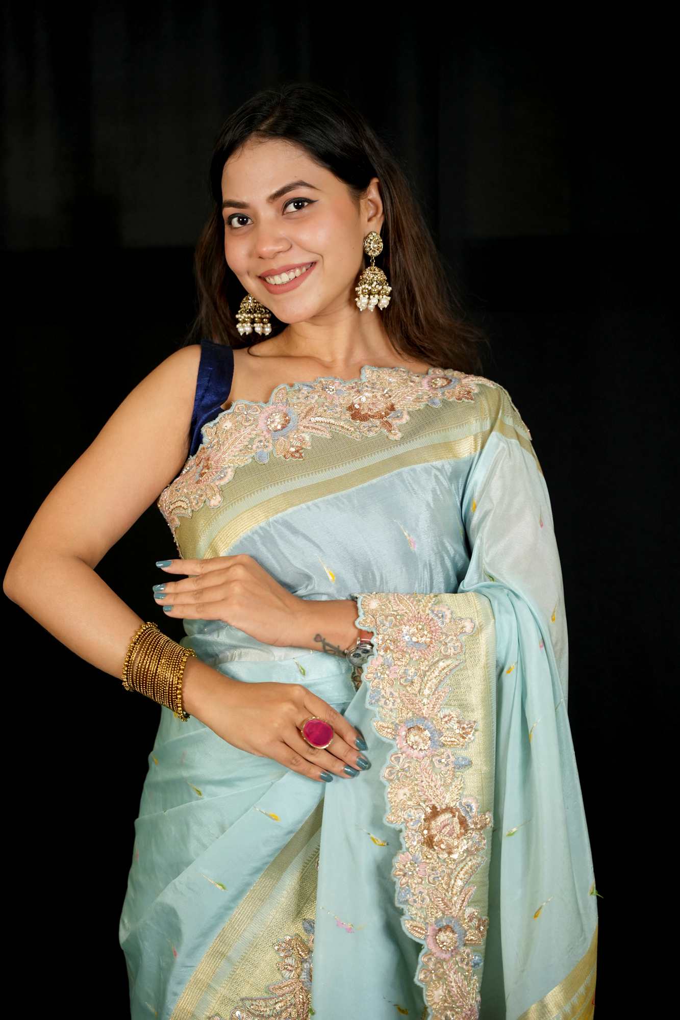 Exquisite Premium Satin Silk with Detail Resham Embroidery & Paithani Pallu Ready To Wear Saree