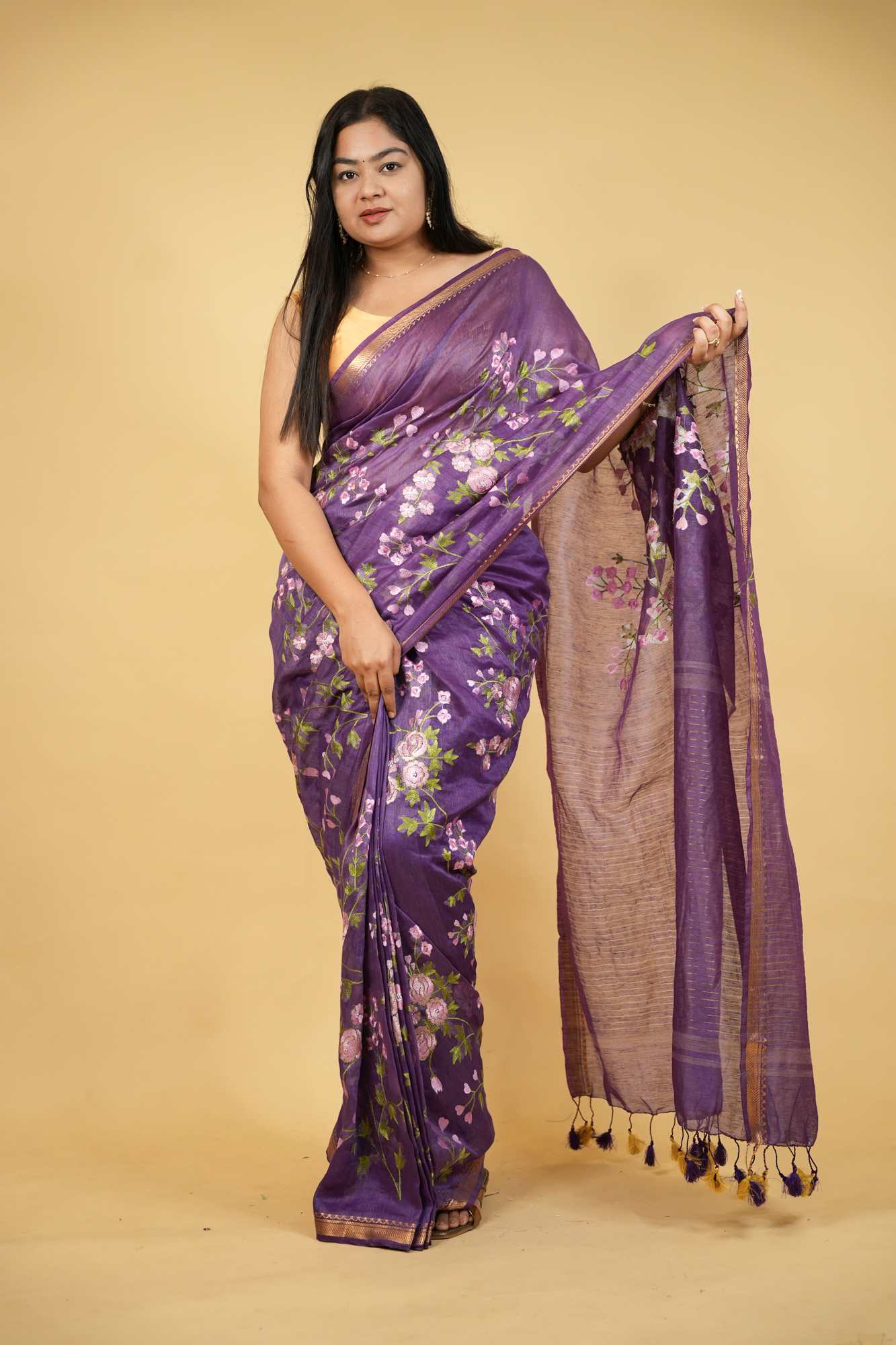 Linen Silk with Floral Embroidery & Golden Mangalgiri Zari Border Ready To Wear Saree