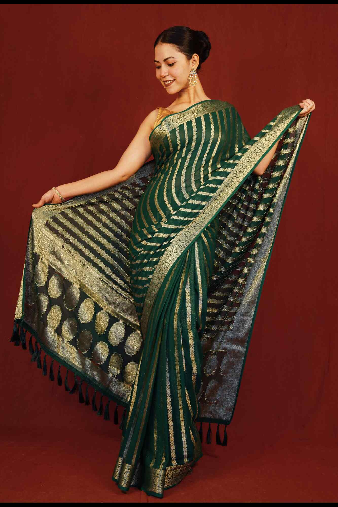 Predraped Designer Saree Green Leheriya & Zari Border With Tassels on Pallu Ready To Wear Saree