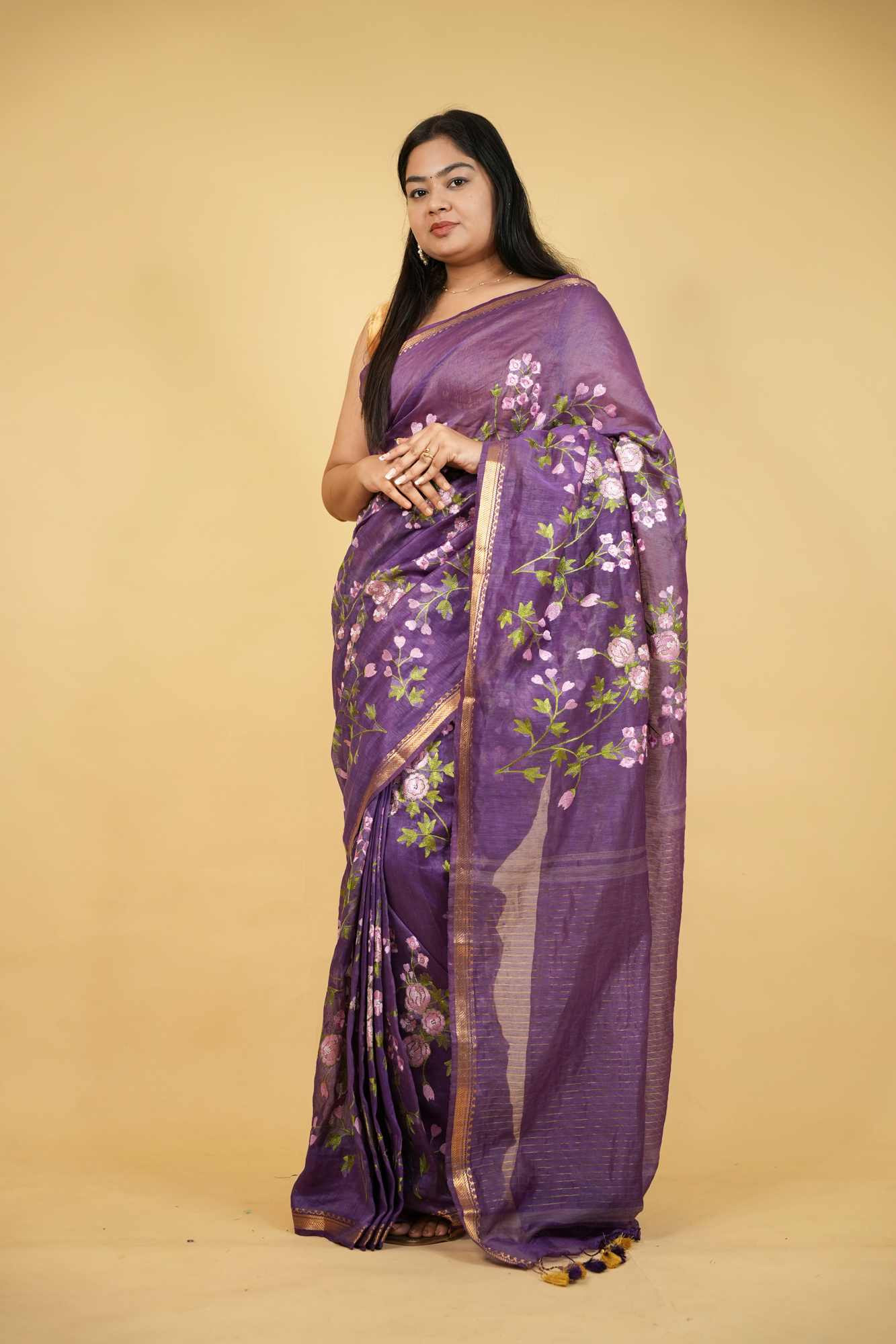 Linen Silk with Floral Embroidery & Golden Mangalgiri Zari Border Ready To Wear Saree