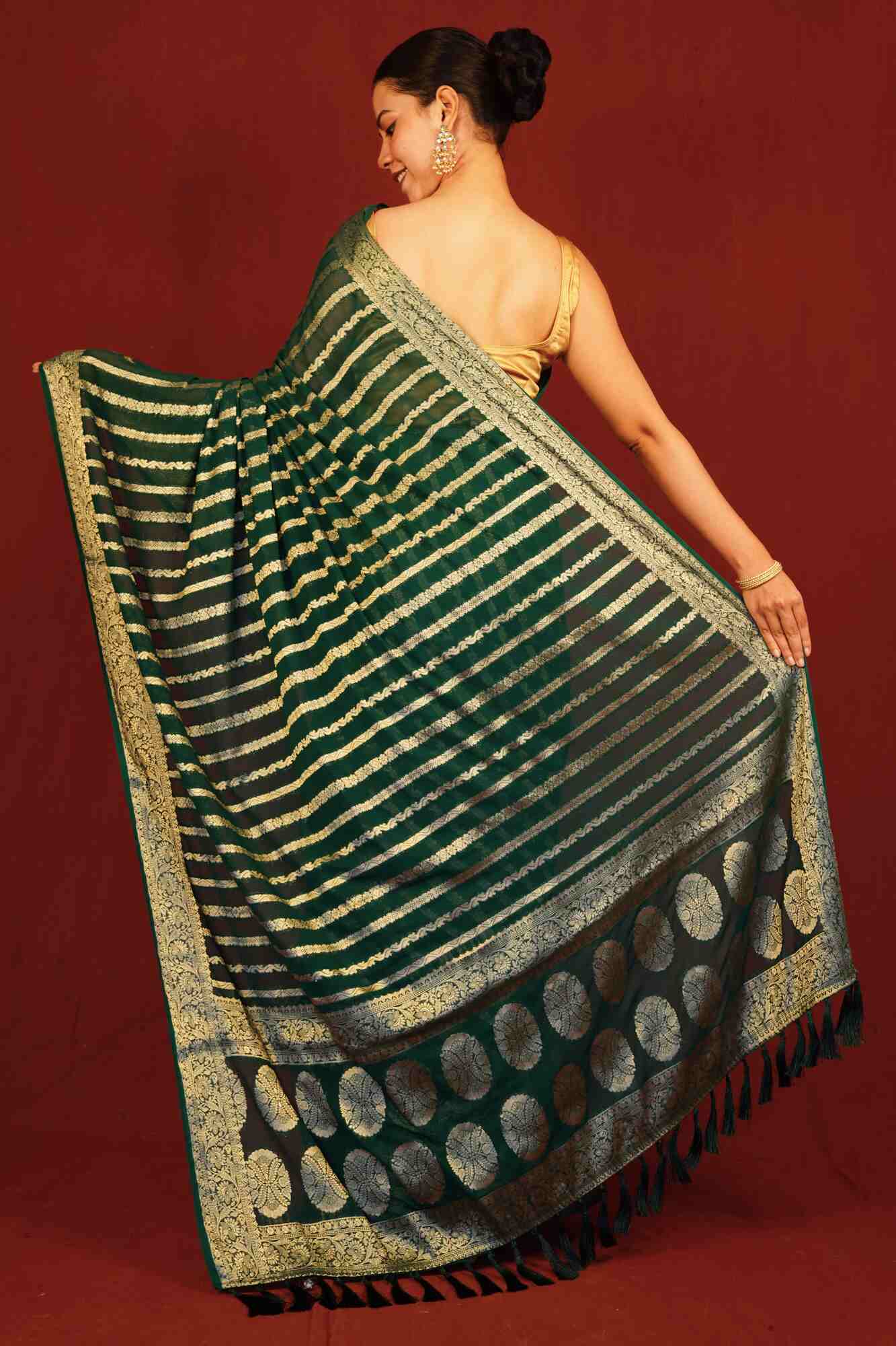 Predraped Designer Saree Green Leheriya & Zari Border With Tassels on Pallu Ready To Wear Saree