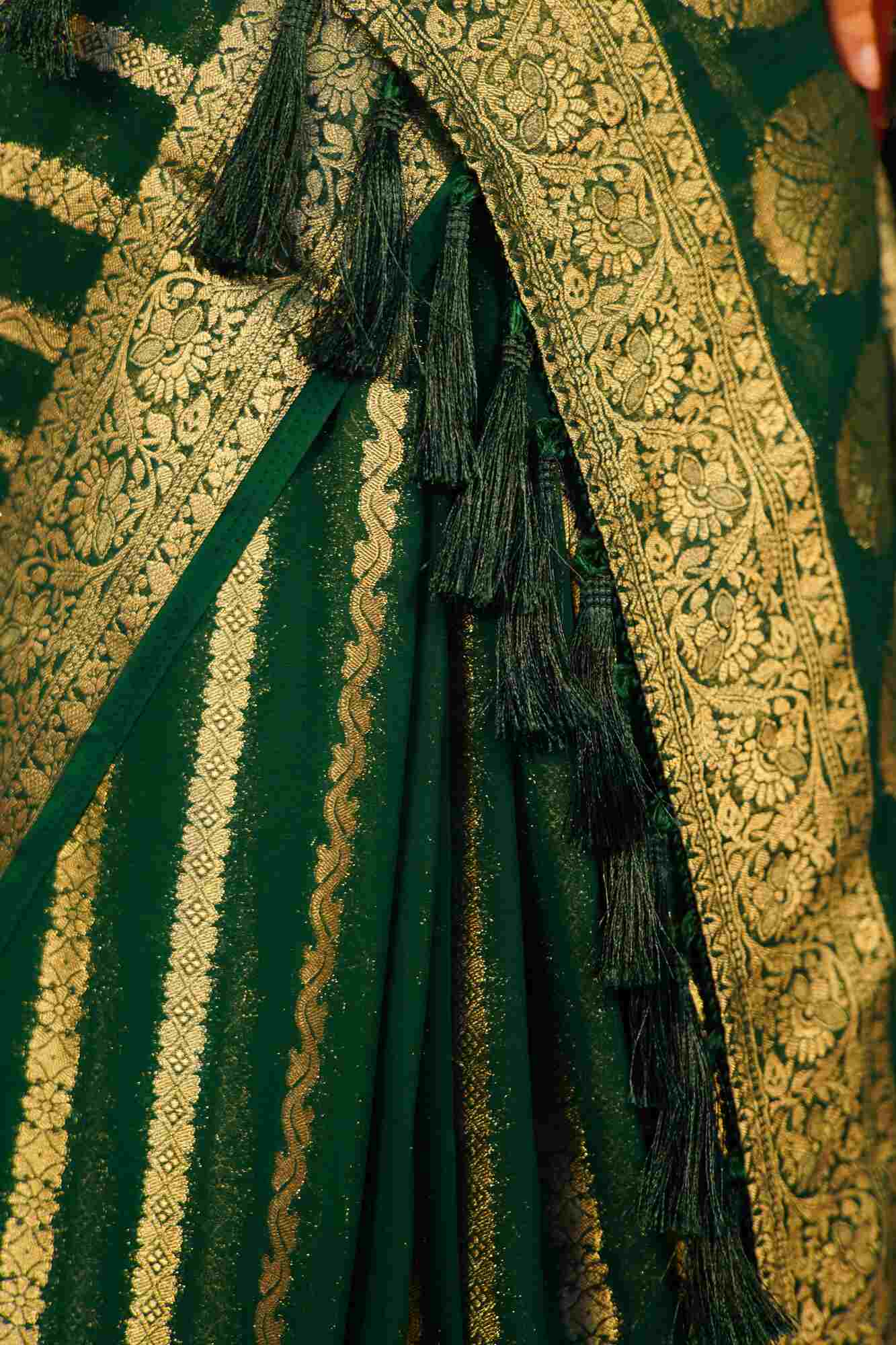 Predraped Designer Saree Green Leheriya & Zari Border With Tassels on Pallu Ready To Wear Saree