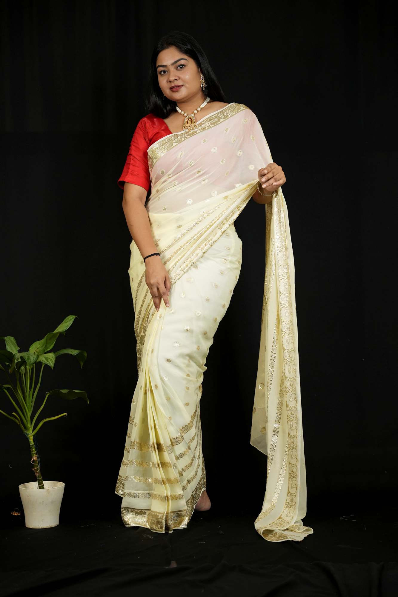 Georgette in Off-White with Gold/Silver Butti and Zari Border Ready To Wear Saree
