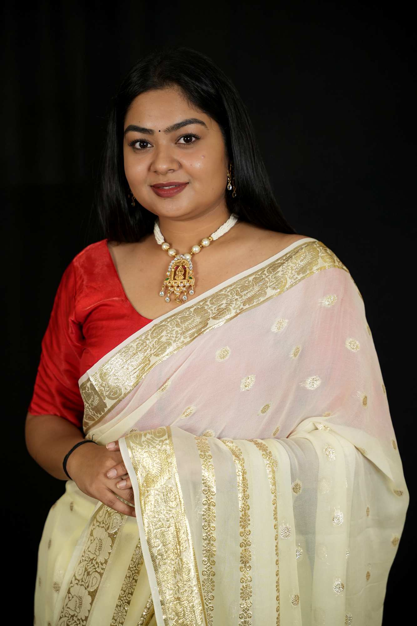 Georgette in Off-White with Gold/Silver Butti and Zari Border Ready To Wear Saree