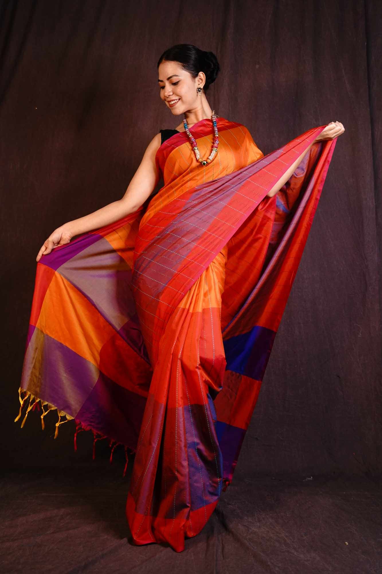 Beautiful Color Blocked Pallu Cotton Silk Wrap In 1 Minute Saree