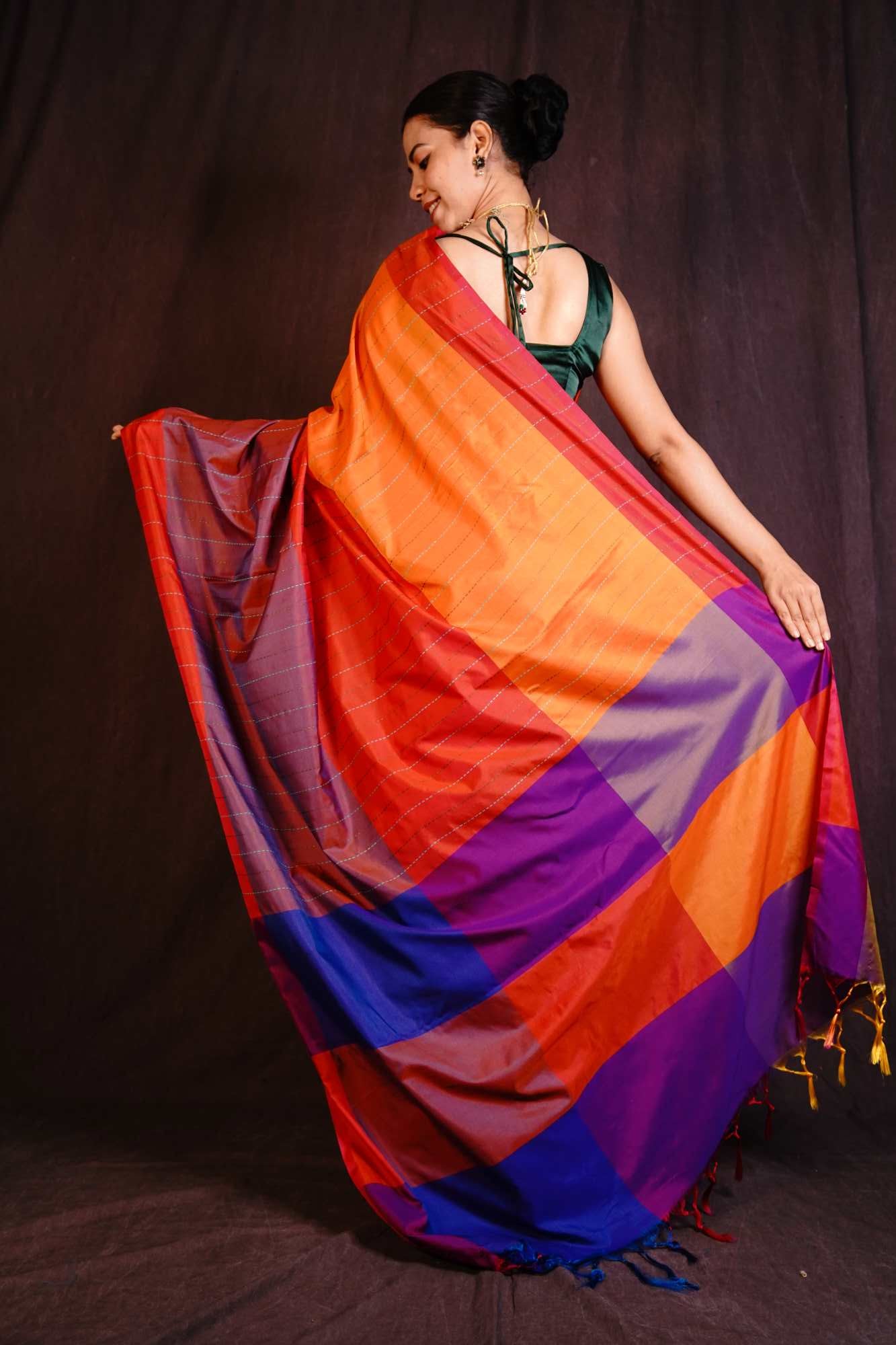 Beautiful Color Blocked Pallu Cotton Silk Wrap In 1 Minute Saree