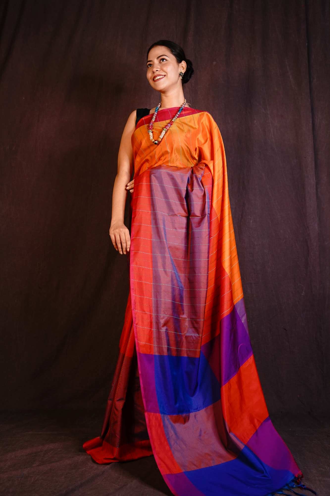 Beautiful Color Blocked Pallu Cotton Silk Wrap In 1 Minute Saree