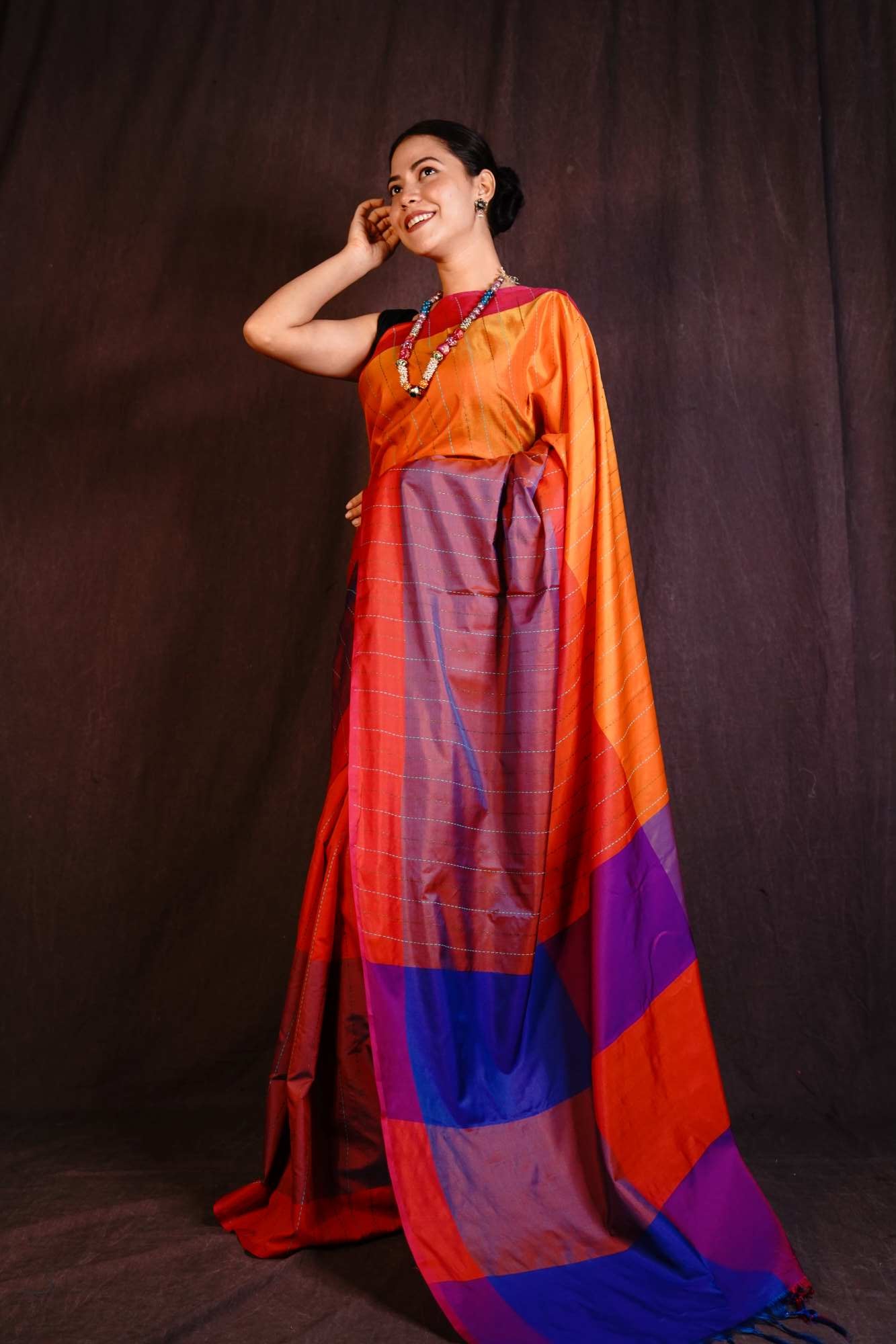 Beautiful Color Blocked Pallu Cotton Silk Wrap In 1 Minute Saree