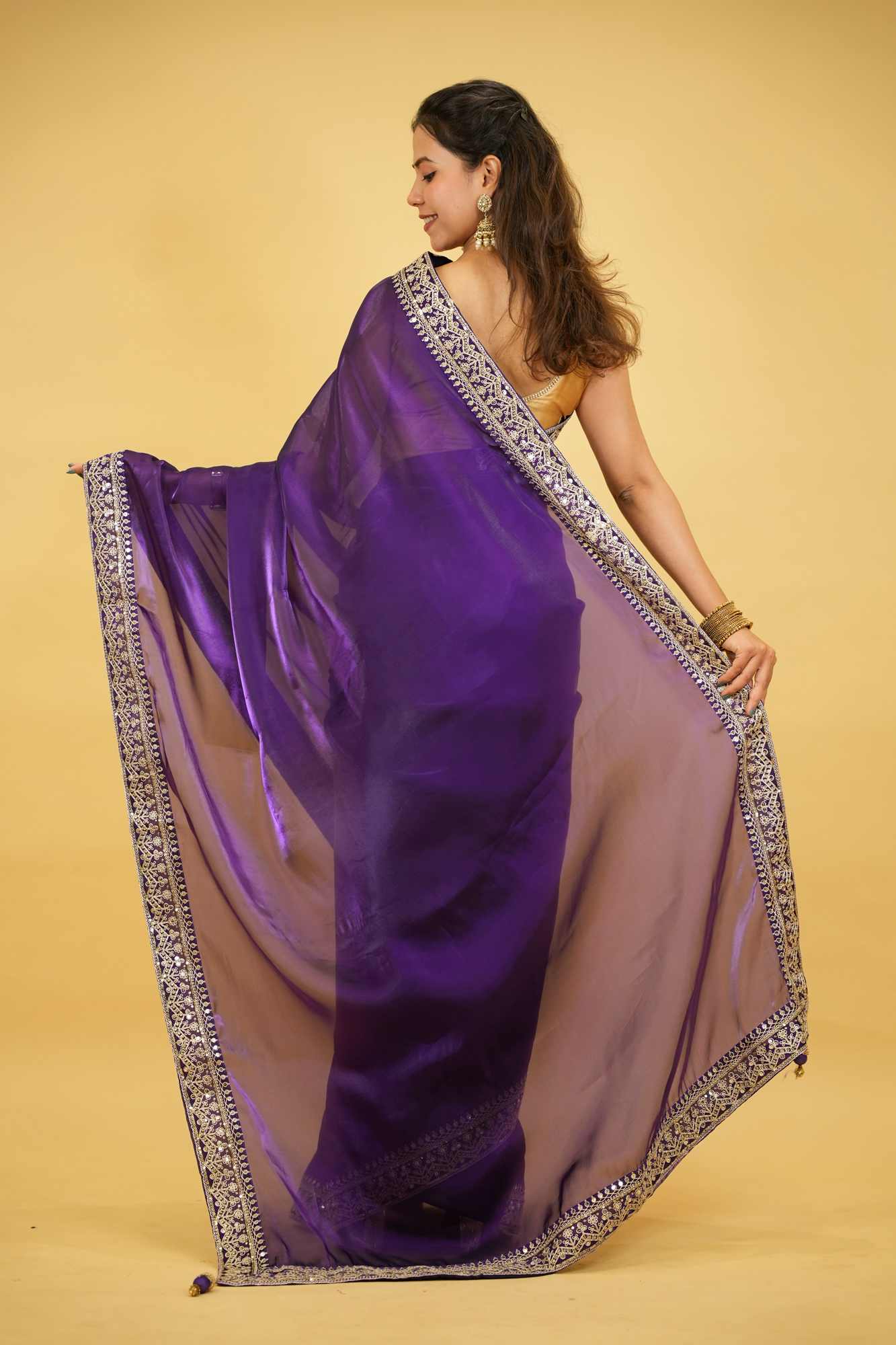 Cotton Organza Crepe Royal Purple with Zari Embroidery Ready To Wear Saree with ready halter blouse