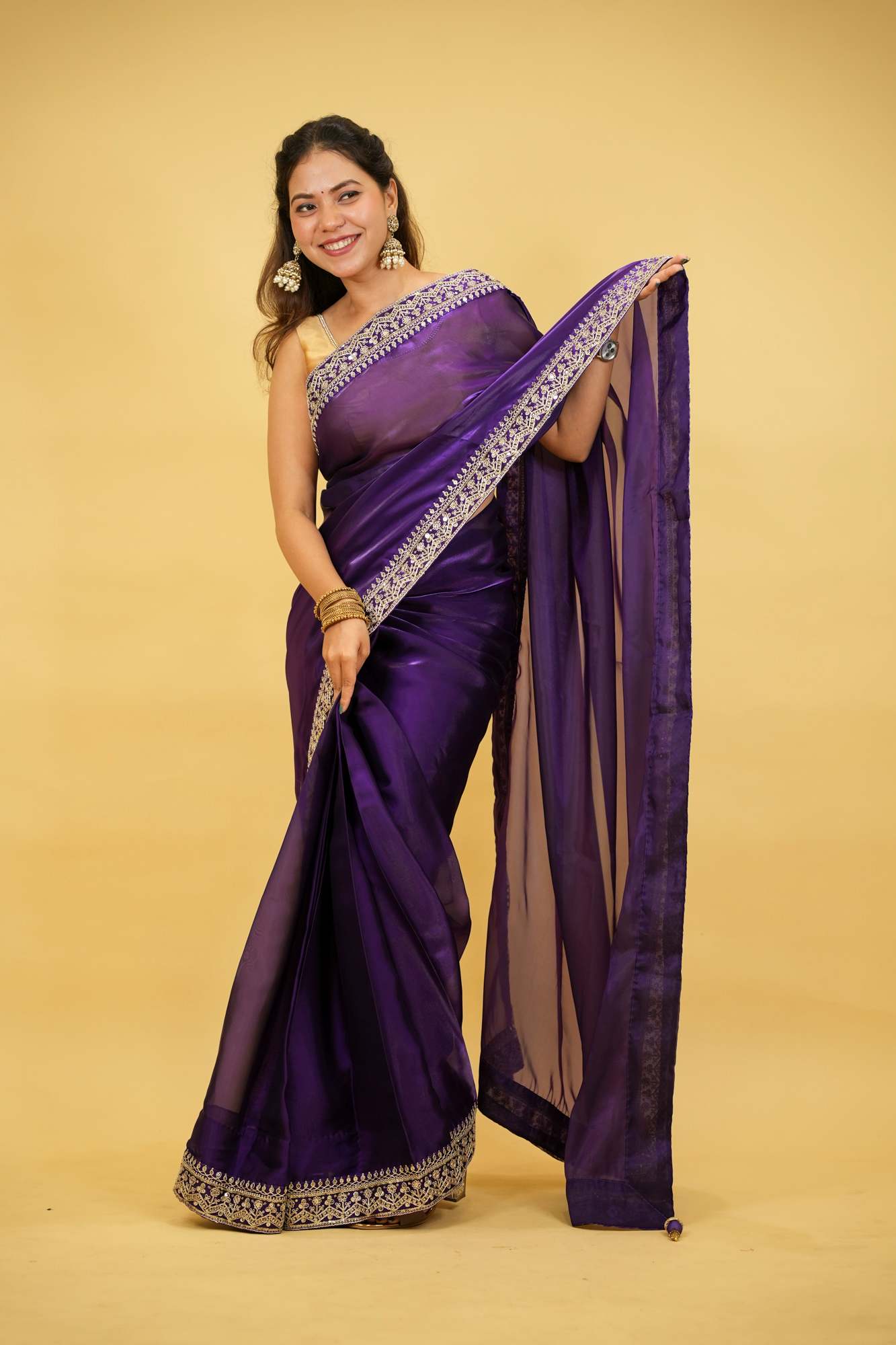 Cotton Organza Crepe Royal Purple with Zari Embroidery Ready To Wear Saree with ready halter blouse