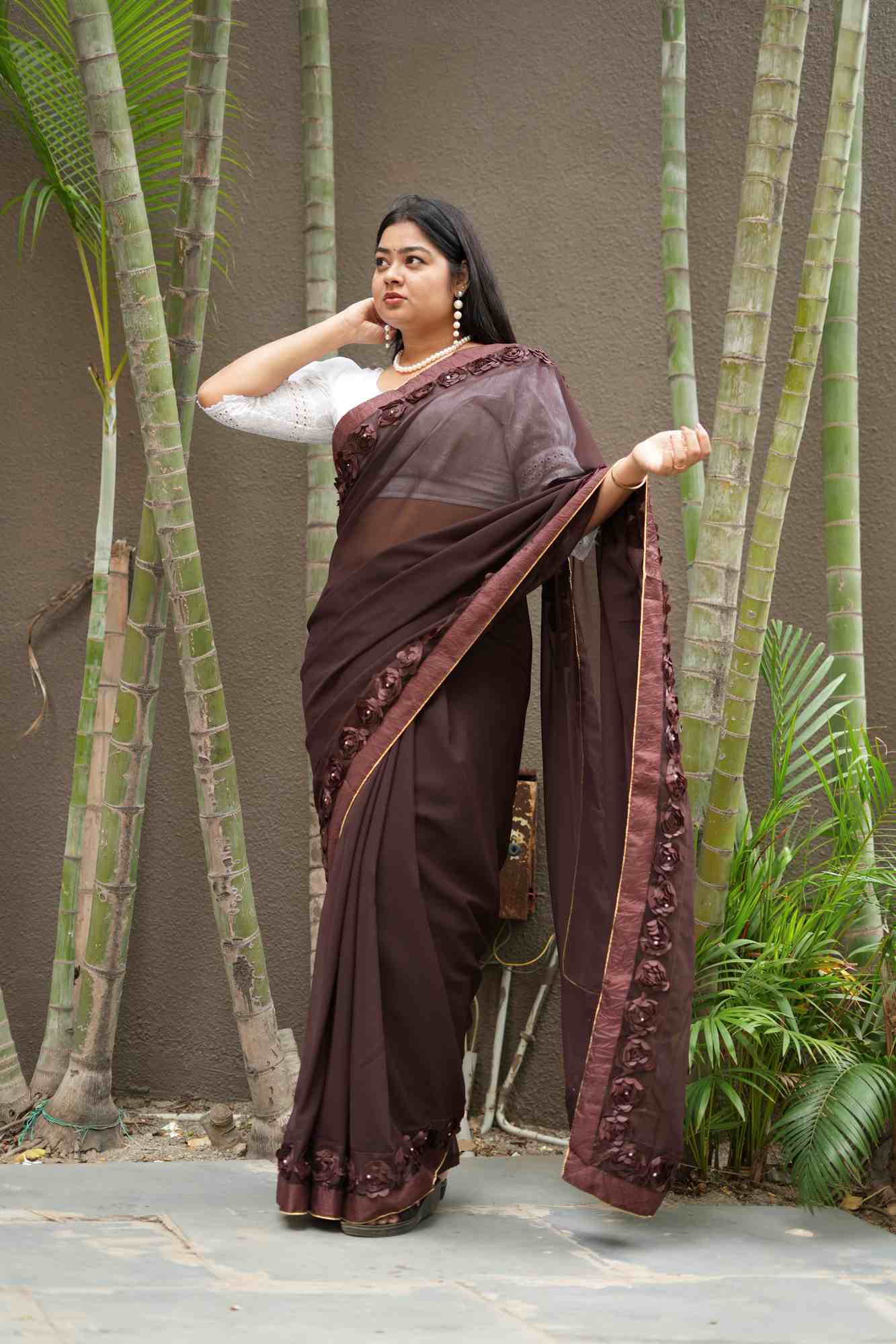 Poly Georgette with 3D Floral Embellished Border Ready To Wear Saree