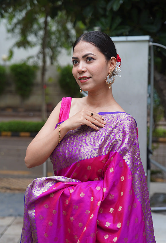 Beautiful Pink Banarasi Silk With Purple Zari  Broad Border Zari Butta Overall  Wrap in 1 minute saree