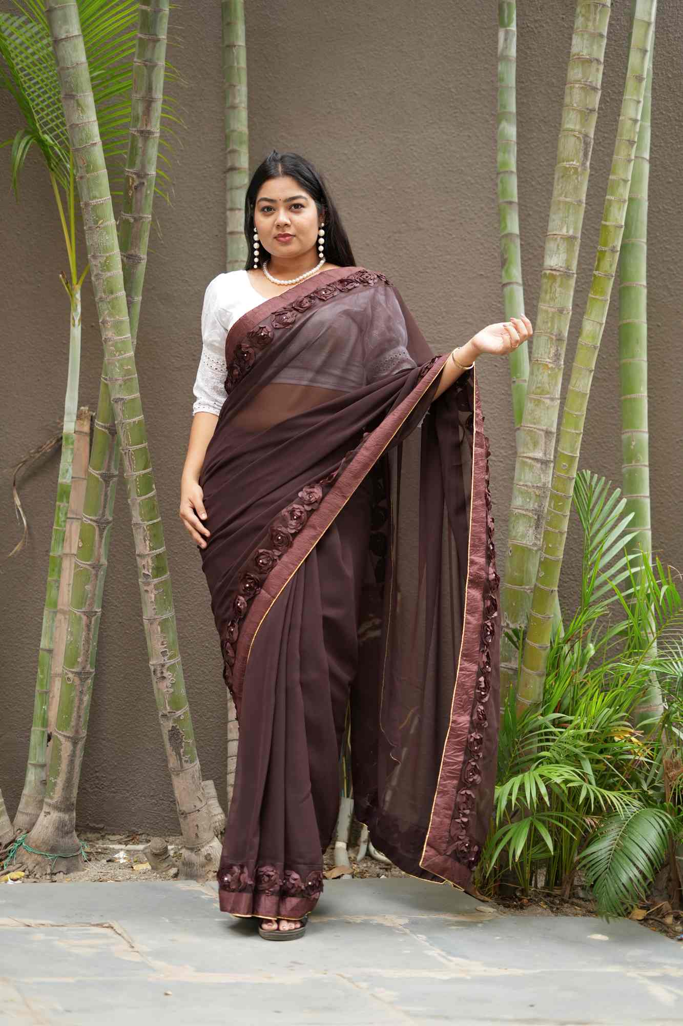 Poly Georgette with 3D Floral Embellished Border Ready To Wear Saree