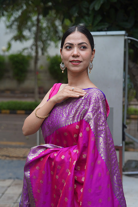 Beautiful Pink Banarasi Silk With Purple Zari  Broad Border Zari Butta Overall  Wrap in 1 minute saree